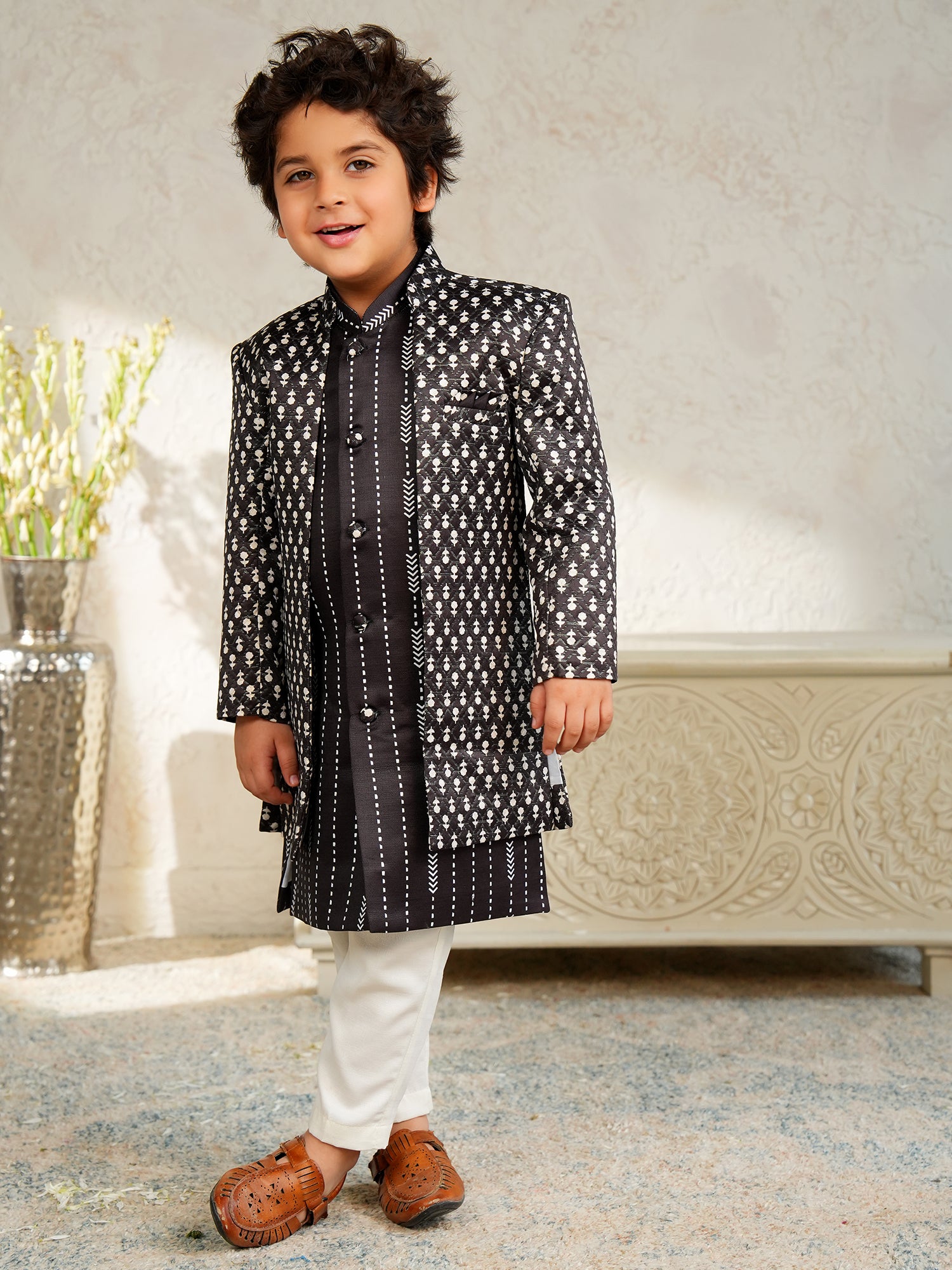 Black Jacquard Full Sleeves Rich Embroidery Sherwani