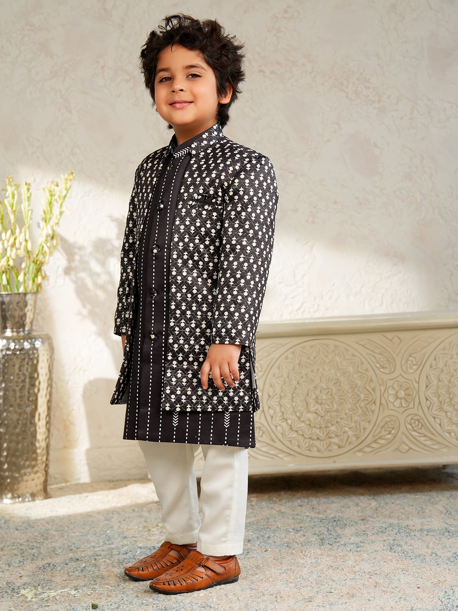 Black Jacquard Full Sleeves Rich Embroidery Sherwani