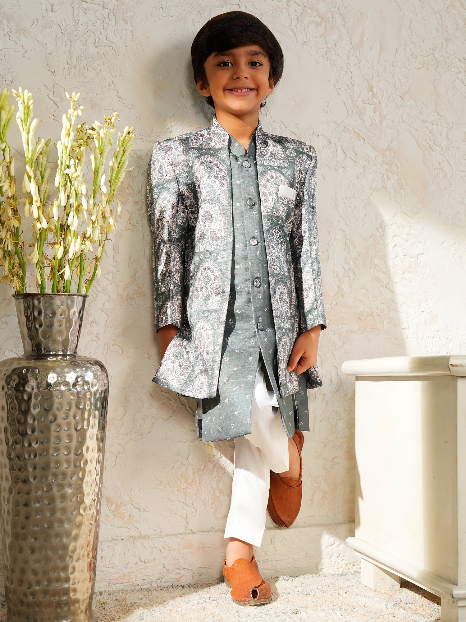 Blue Jacquard Full Sleeves Rich Floral Embroidery Sherwani
