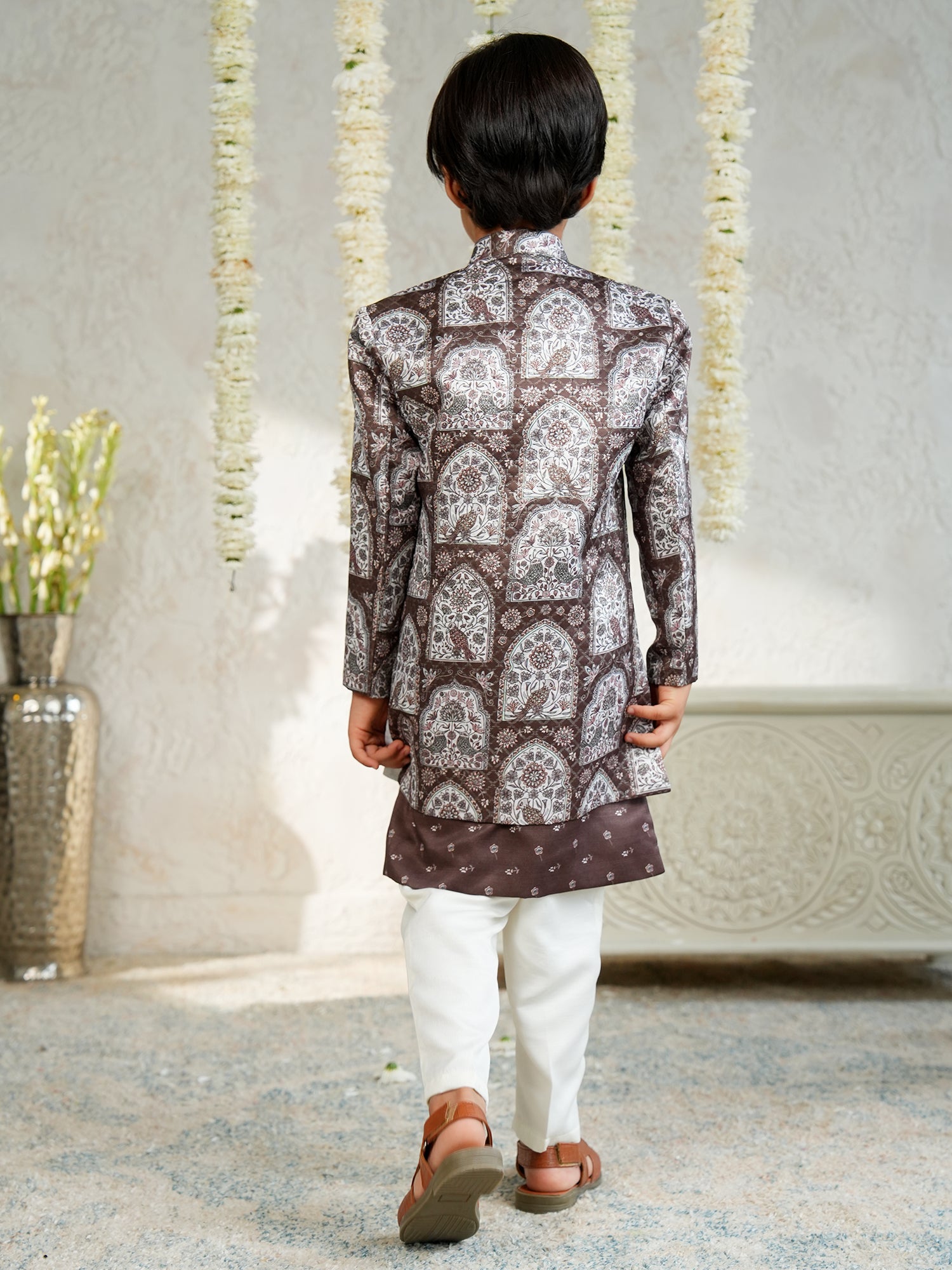 Brown Jacquard Full Sleeves Rich Floral Embroidery Sherwani