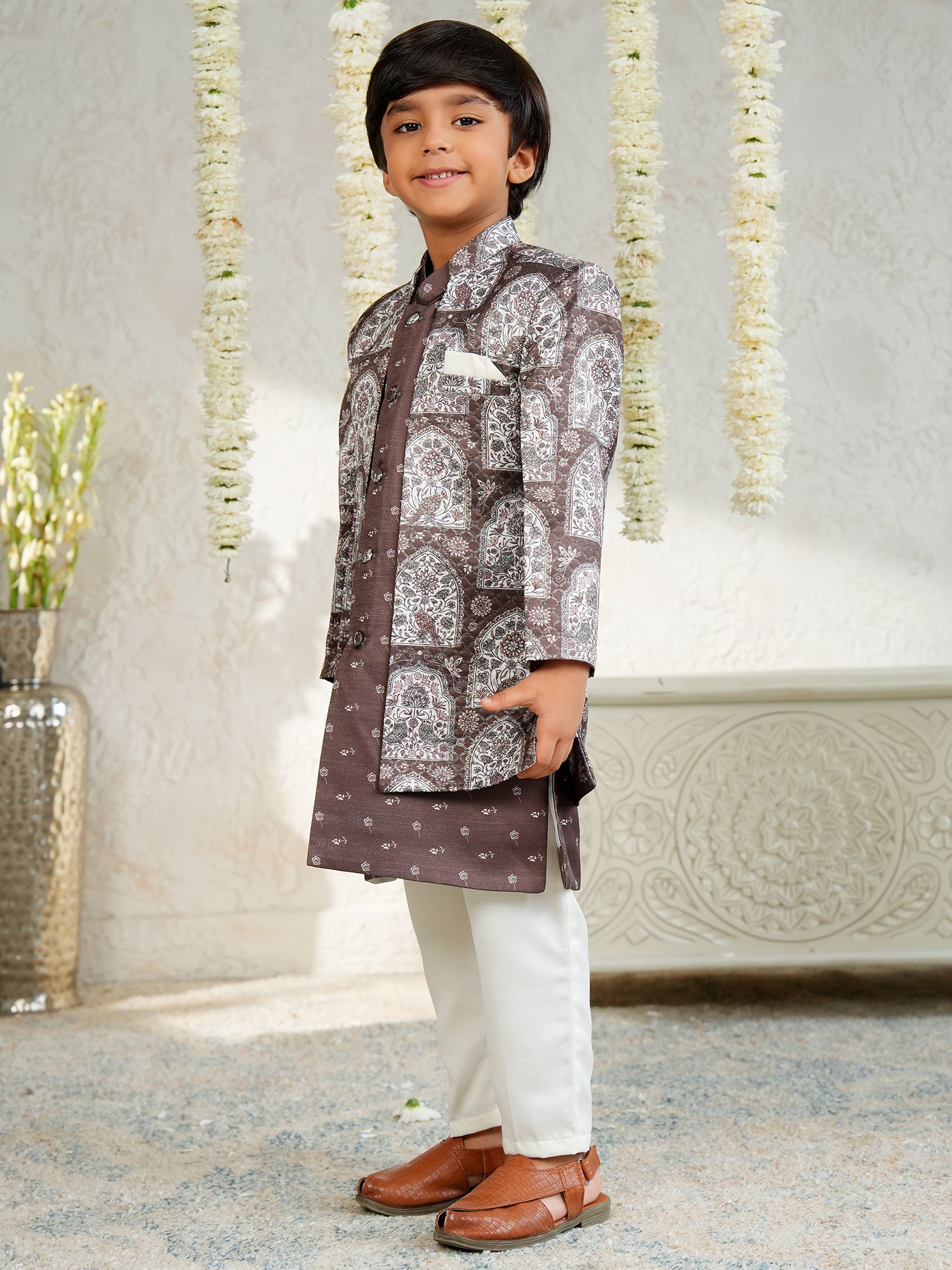 Brown Jacquard Full Sleeves Rich Floral Embroidery Sherwani