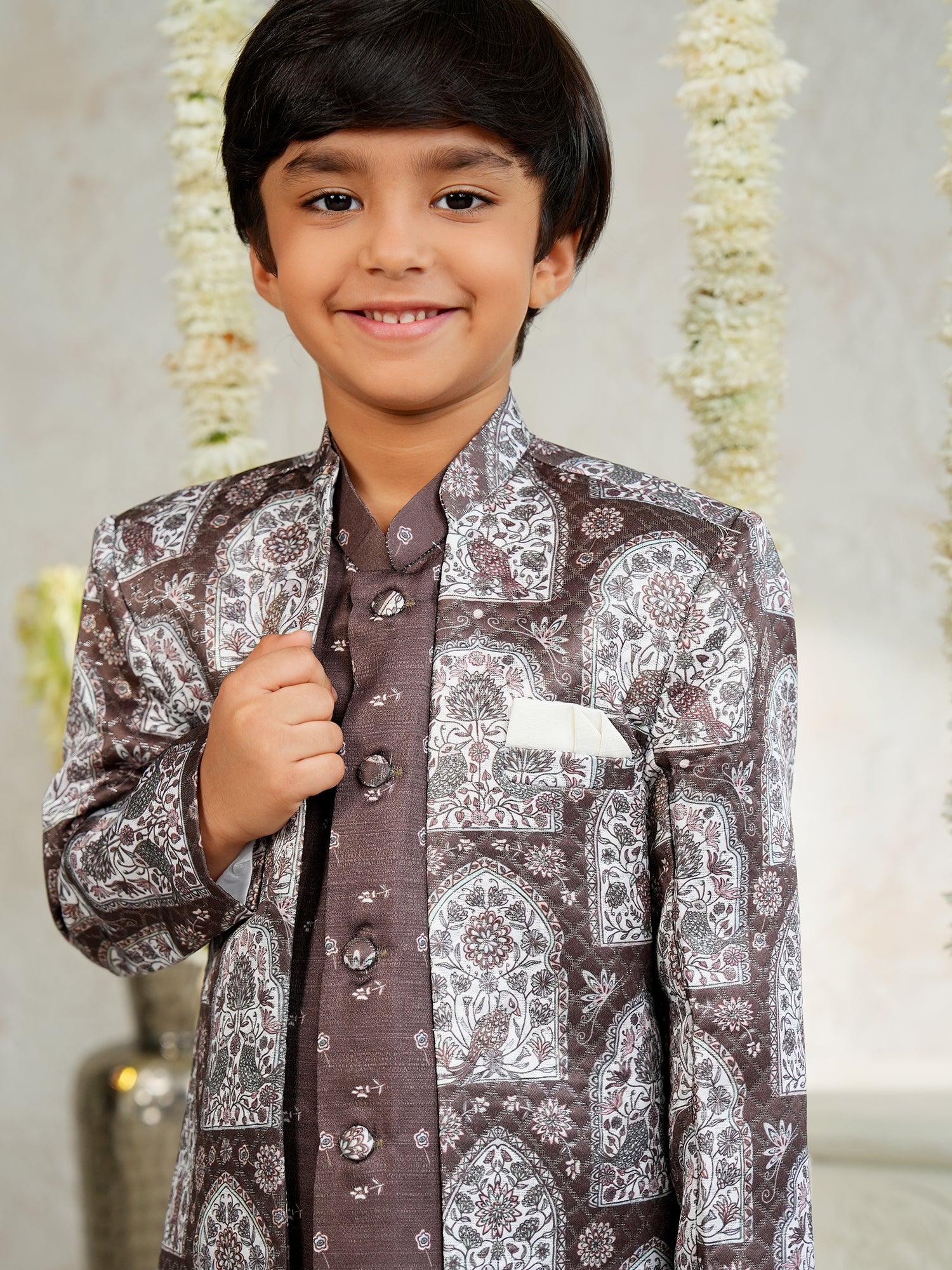 Brown Jacquard Full Sleeves Rich Floral Embroidery Sherwani