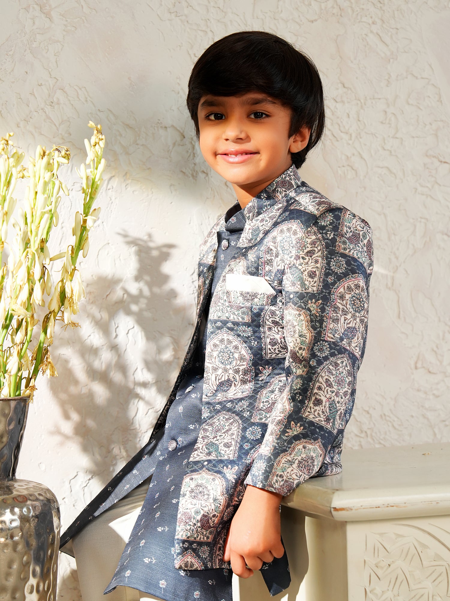 Grey Jacquard Full Sleeves Rich Floral Embroidery Sherwani