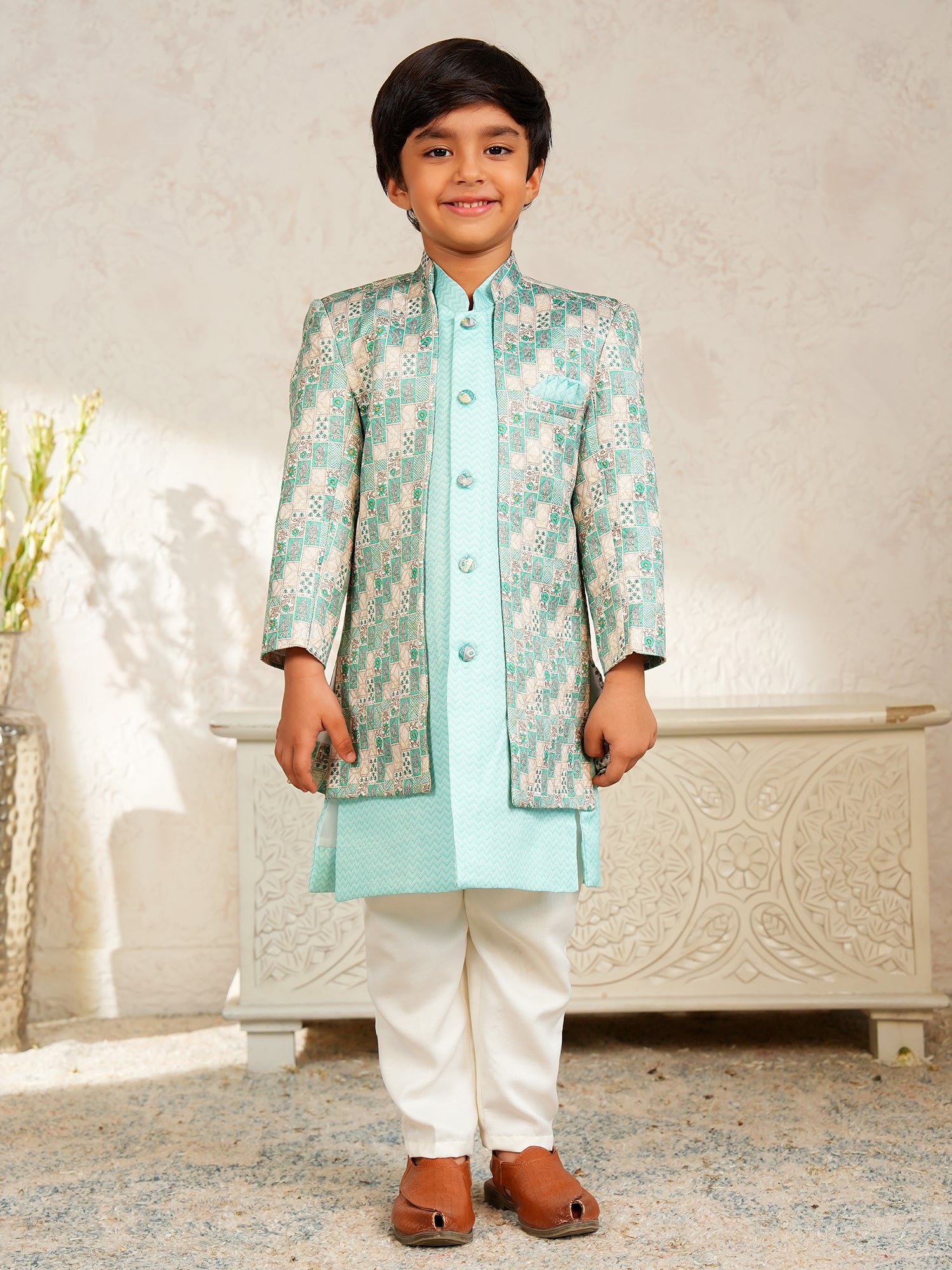 Green Jacquard Full Sleeves Rich Floral Embroidery Sherwani