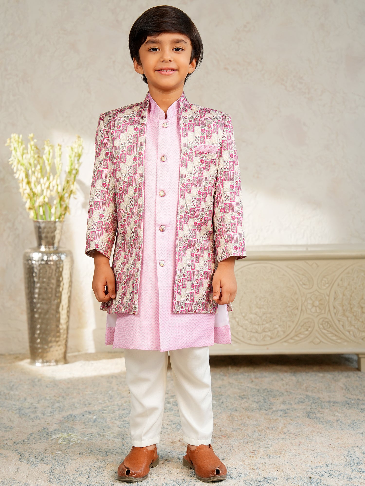 Pink Jacquard Full Sleeves Rich Floral Embroidery Sherwani