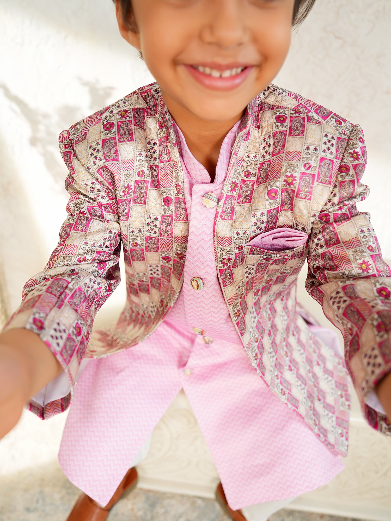 Pink Jacquard Full Sleeves Rich Floral Embroidery Sherwani