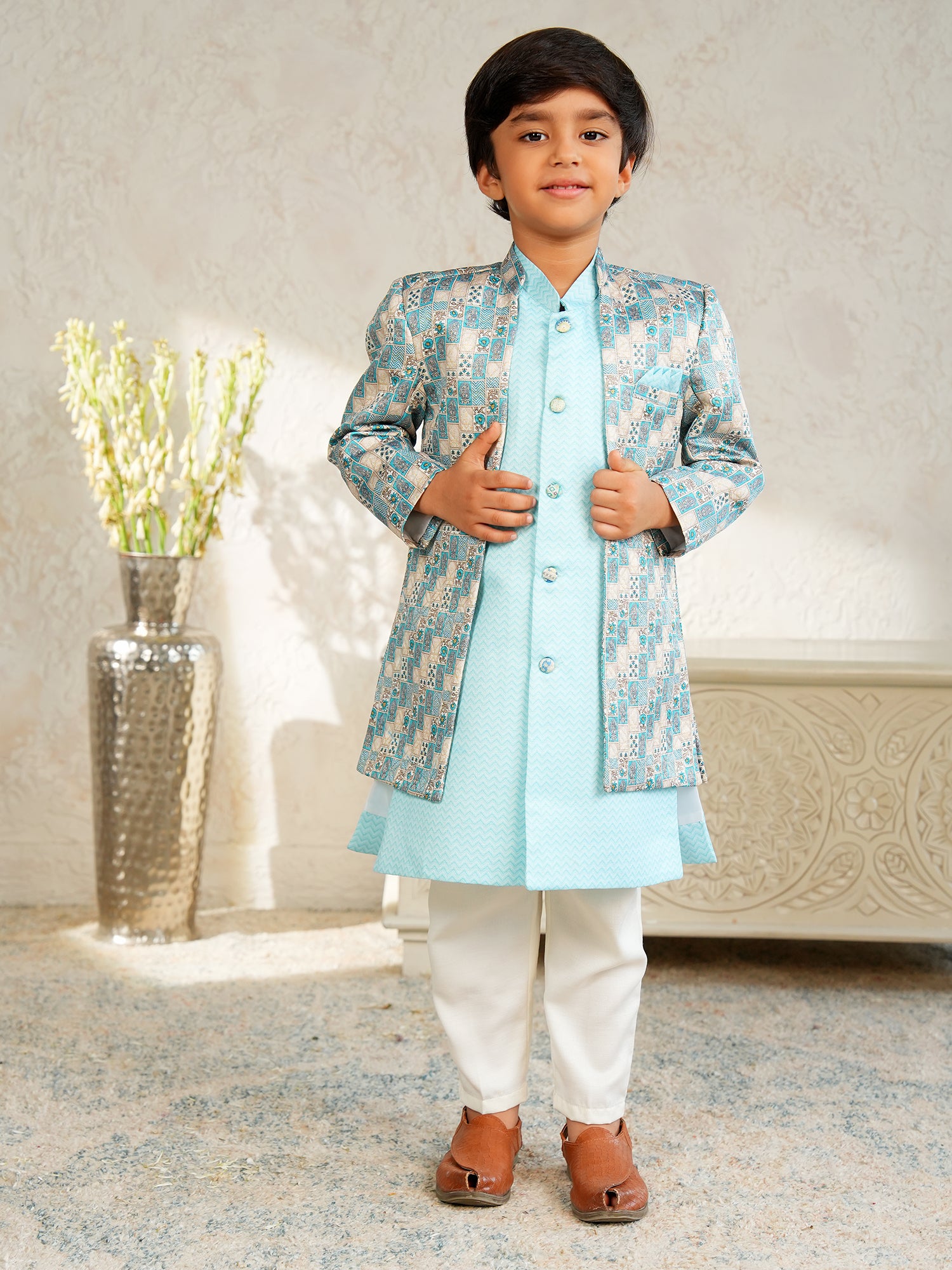 Sky Blue Jacquard Full Sleeves Rich Floral Embroidery Sherwani