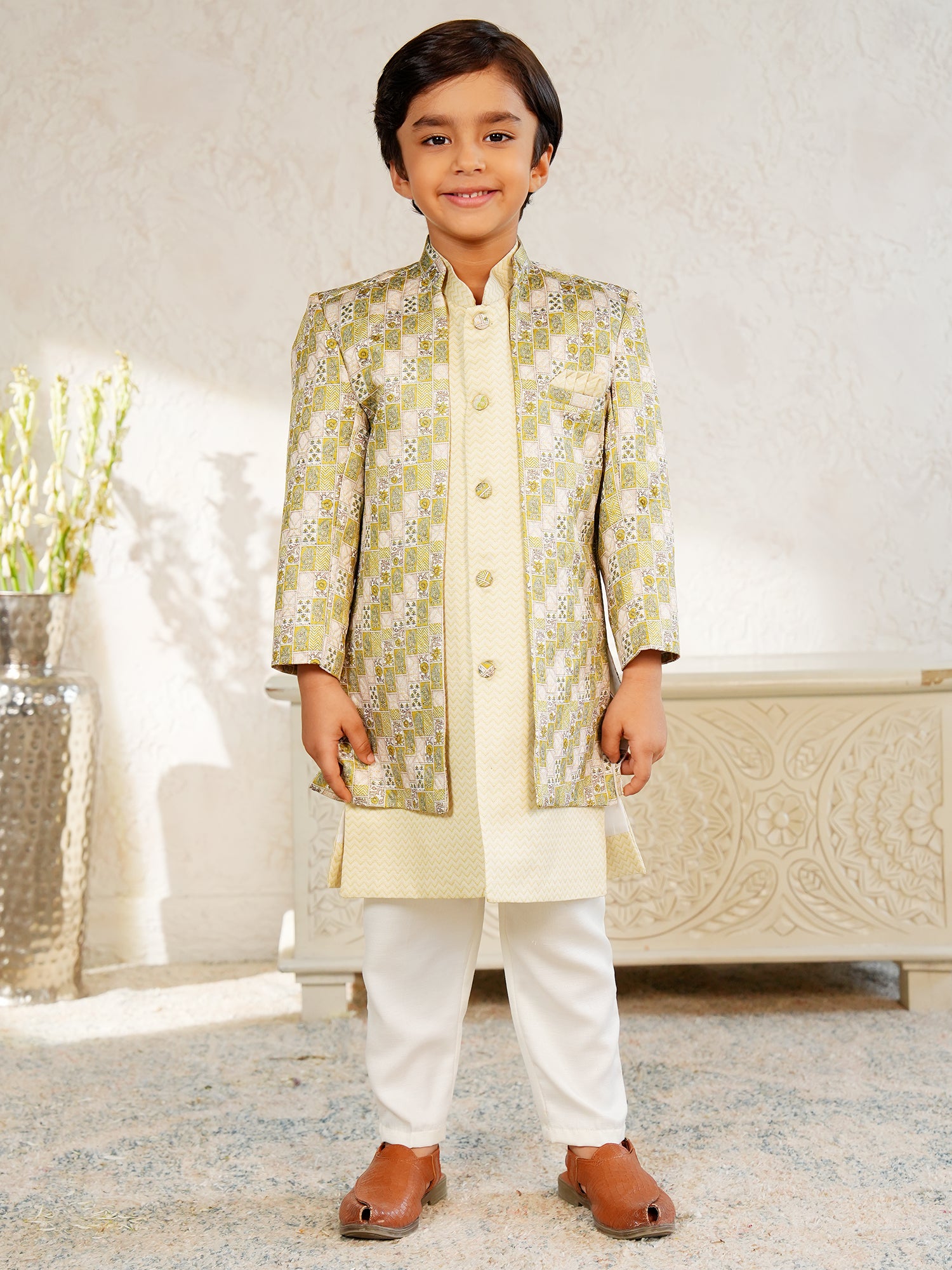 Yellow Jacquard Full Sleeves Rich Floral Embroidery Sherwani