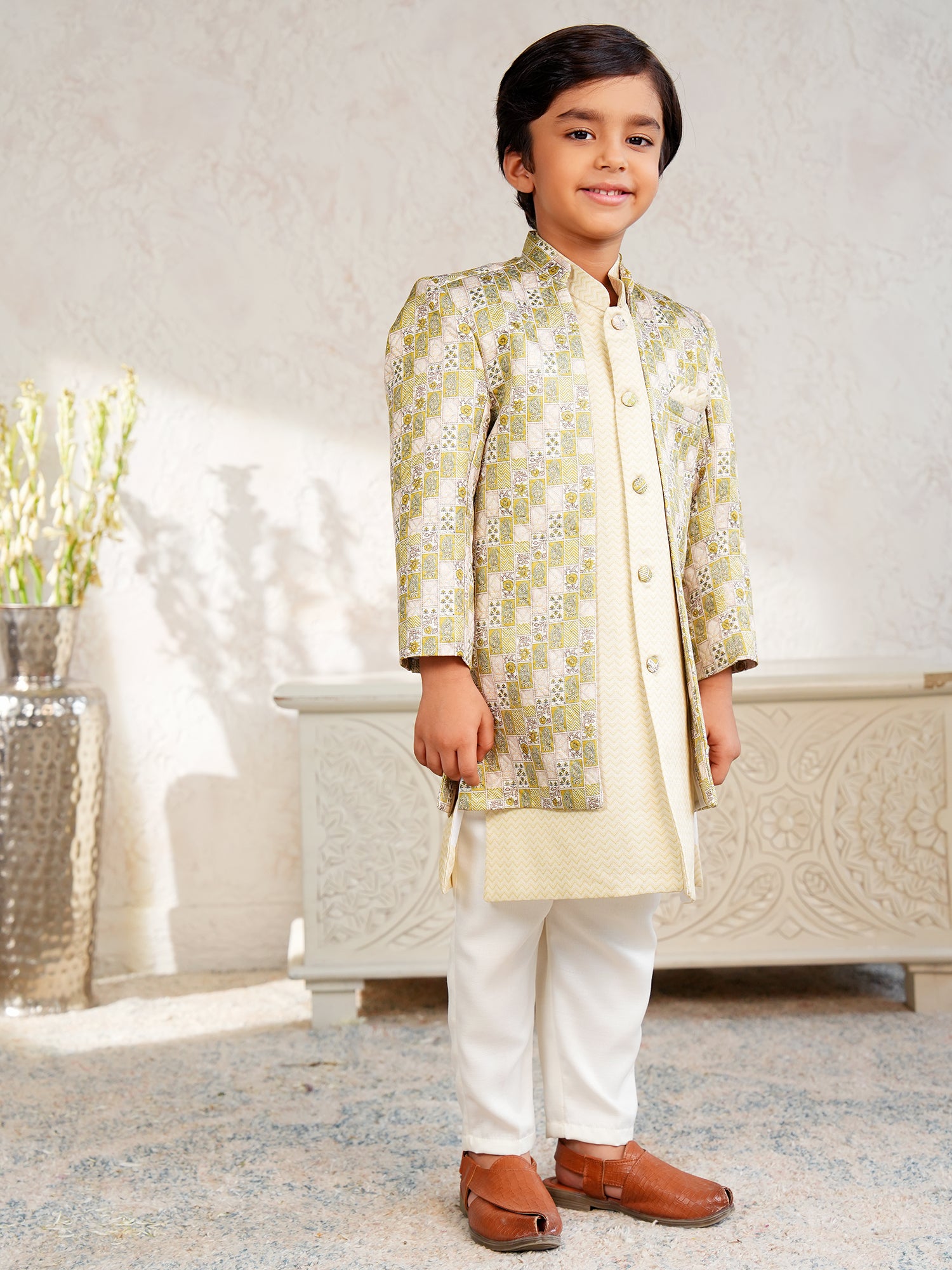 Yellow Jacquard Full Sleeves Rich Floral Embroidery Sherwani