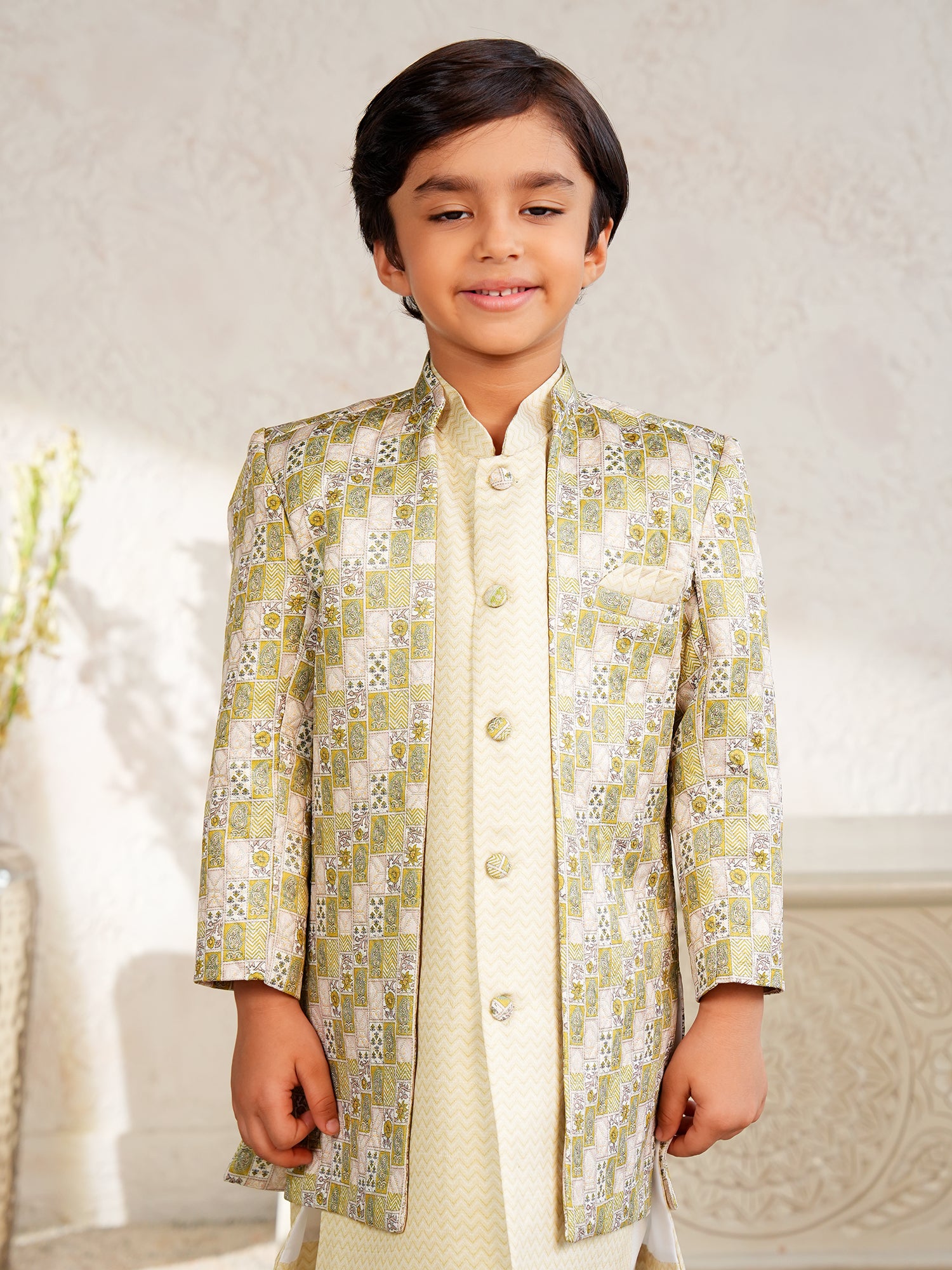 Yellow Jacquard Full Sleeves Rich Floral Embroidery Sherwani