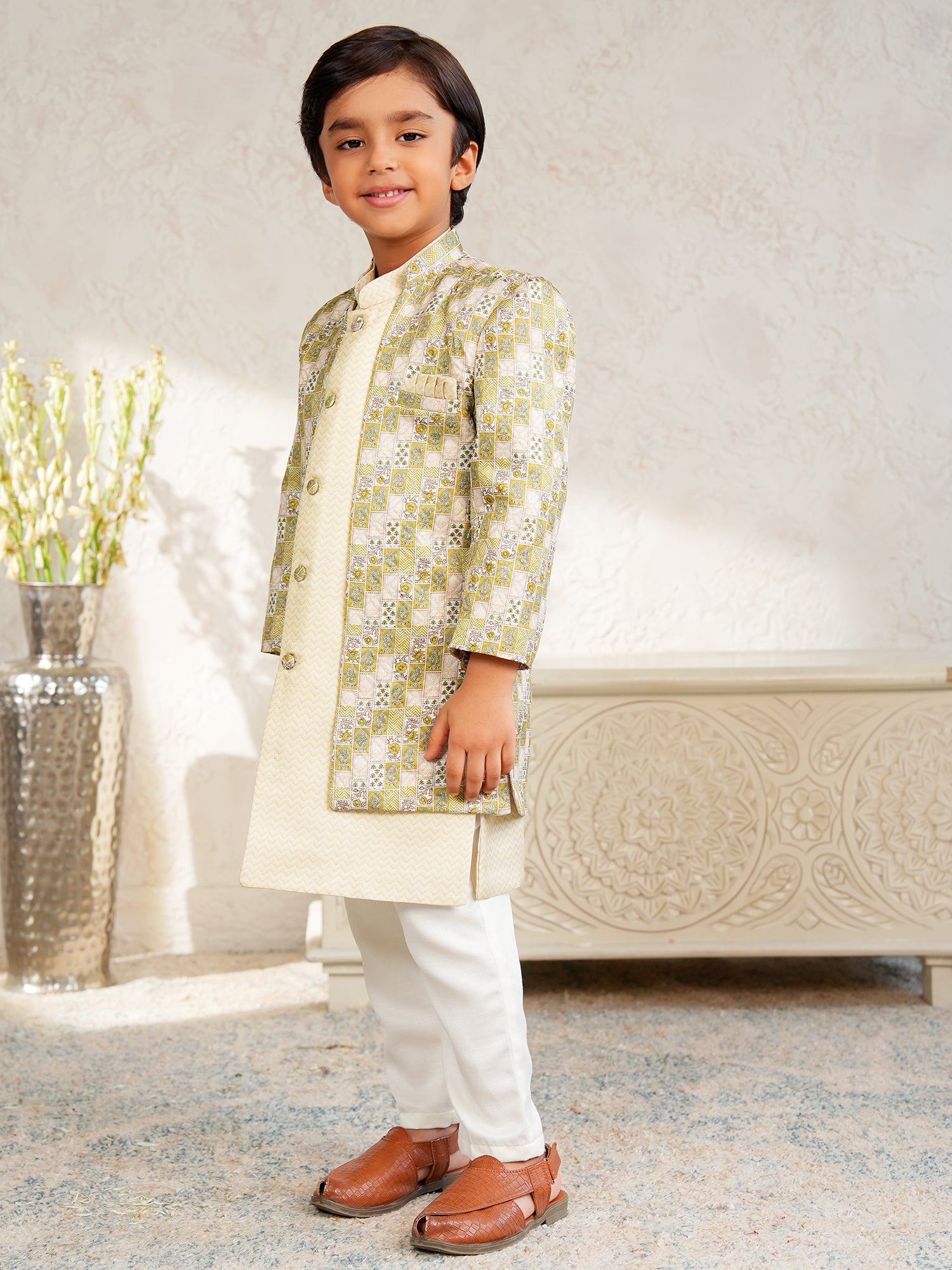 Yellow Jacquard Full Sleeves Rich Floral Embroidery Sherwani
