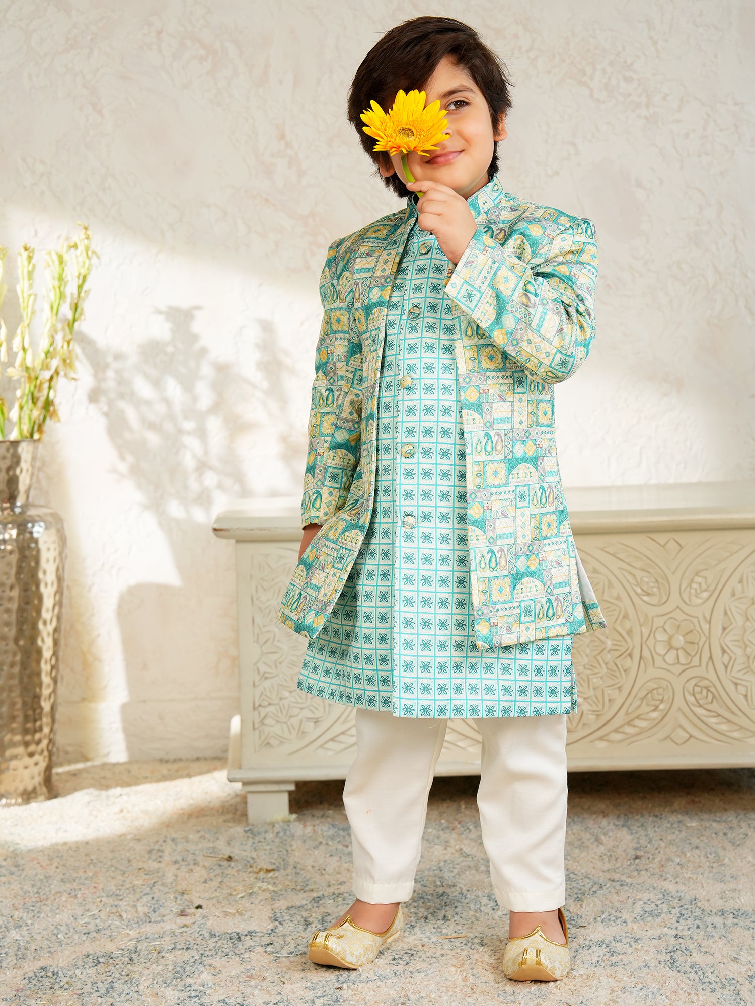 Blue Jacquard Full Sleeves Rich Floral Embroidery Sherwani