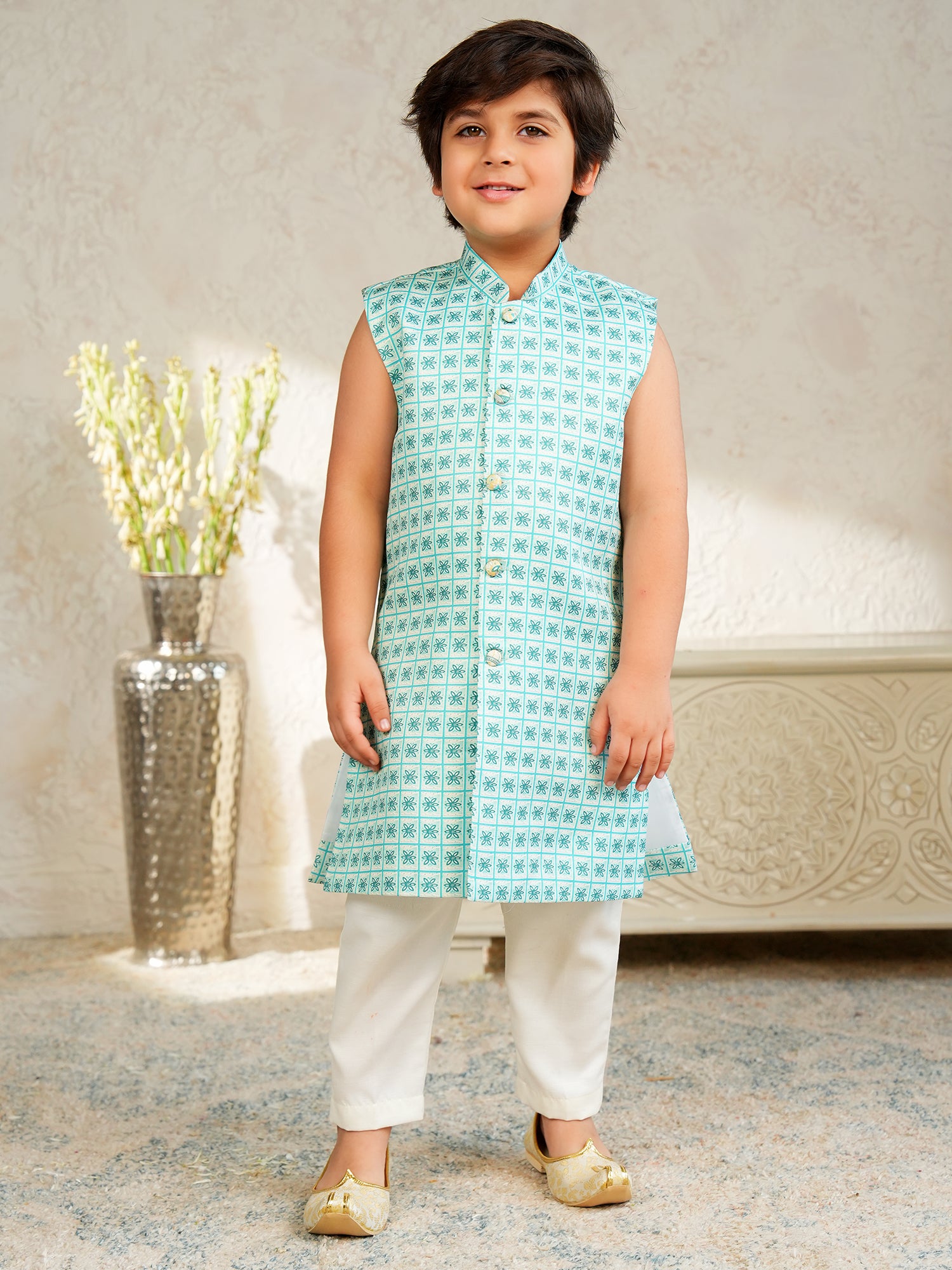 Blue Jacquard Full Sleeves Rich Floral Embroidery Sherwani