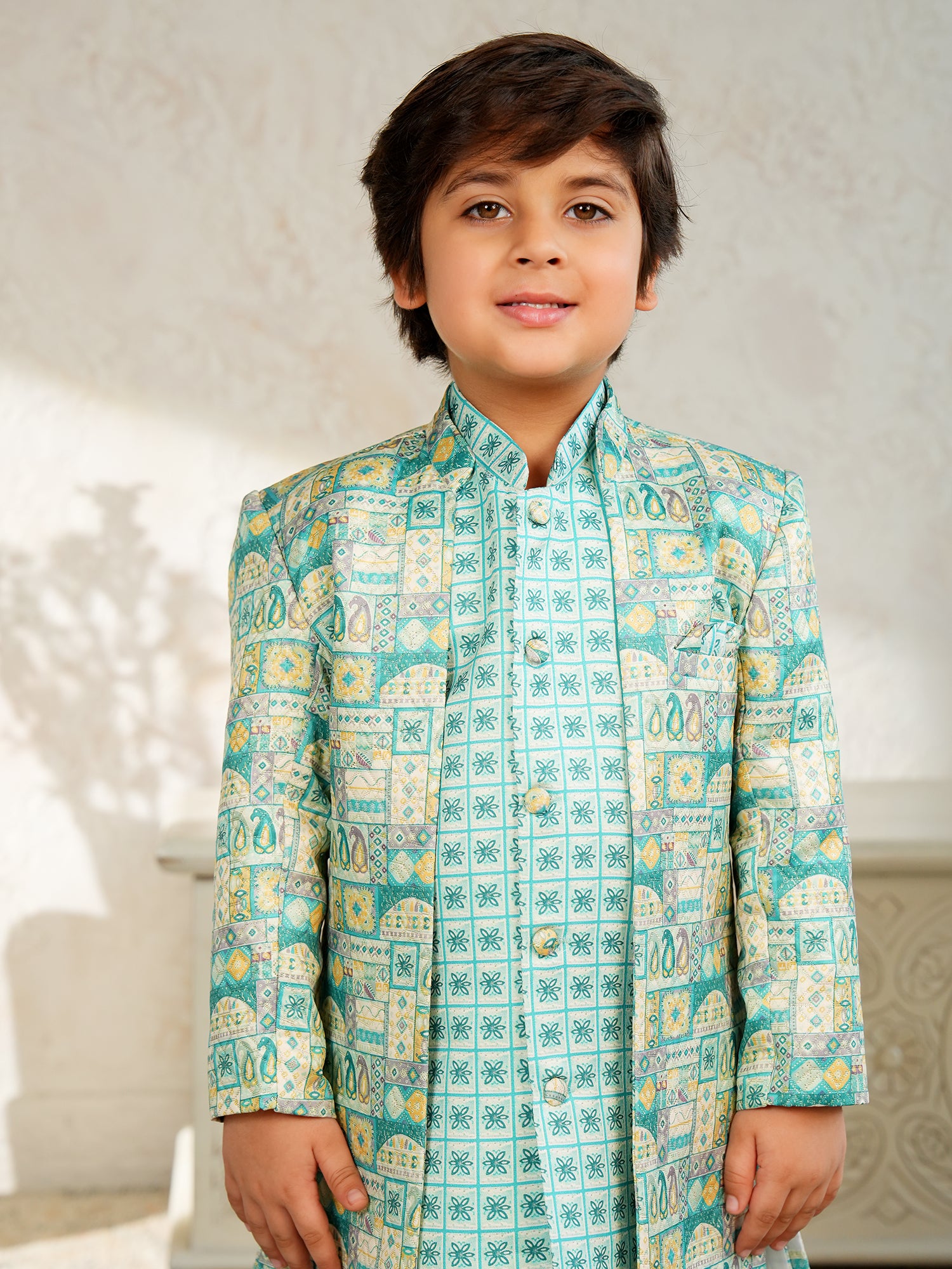 Blue Jacquard Full Sleeves Rich Floral Embroidery Sherwani