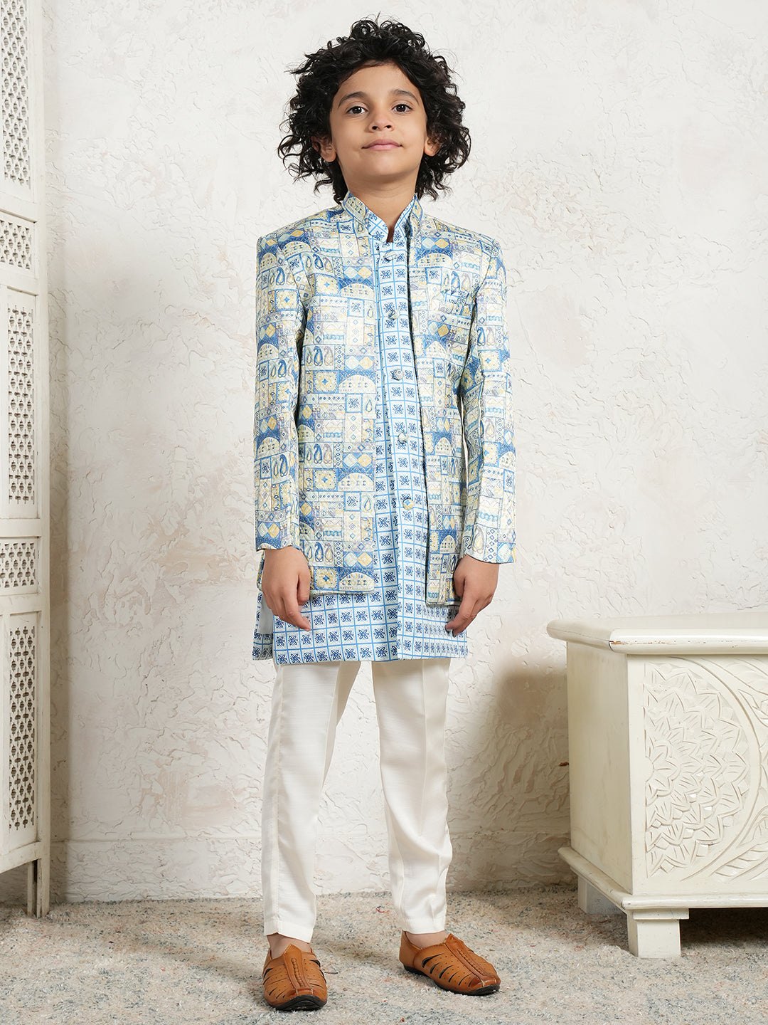 Dark Blue Jacquard Full Sleeves Rich Floral Embroidery Sherwani for boys