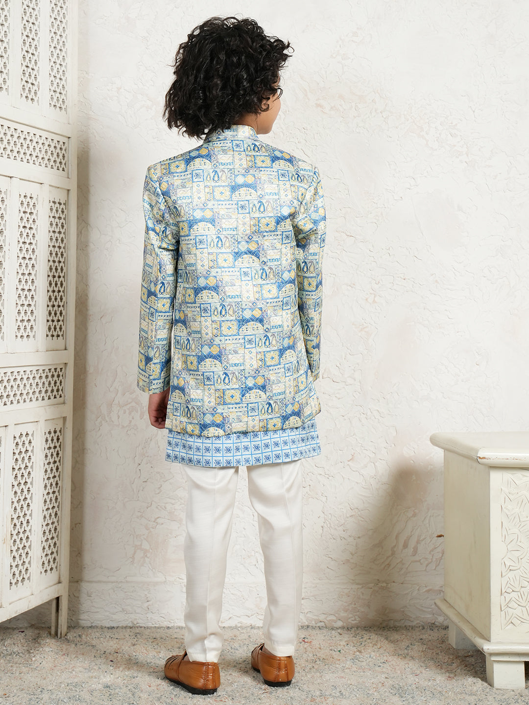 Dark Blue Jacquard Full Sleeves Rich Floral Embroidery Sherwani for boys