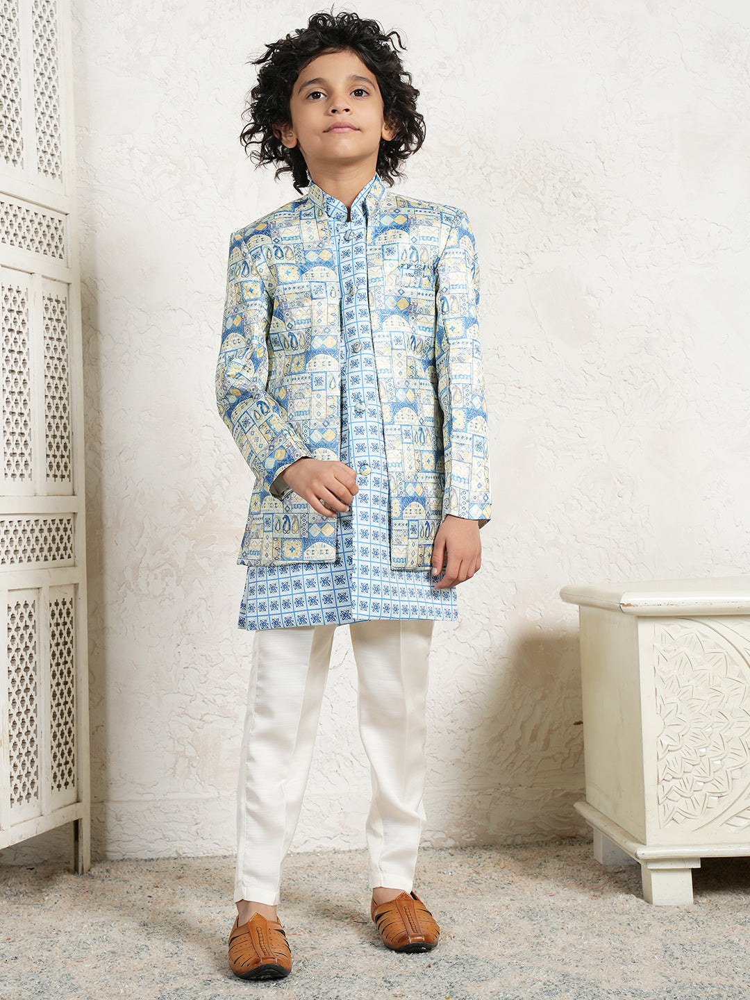 Dark Blue Jacquard Full Sleeves Rich Floral Embroidery Sherwani for boys