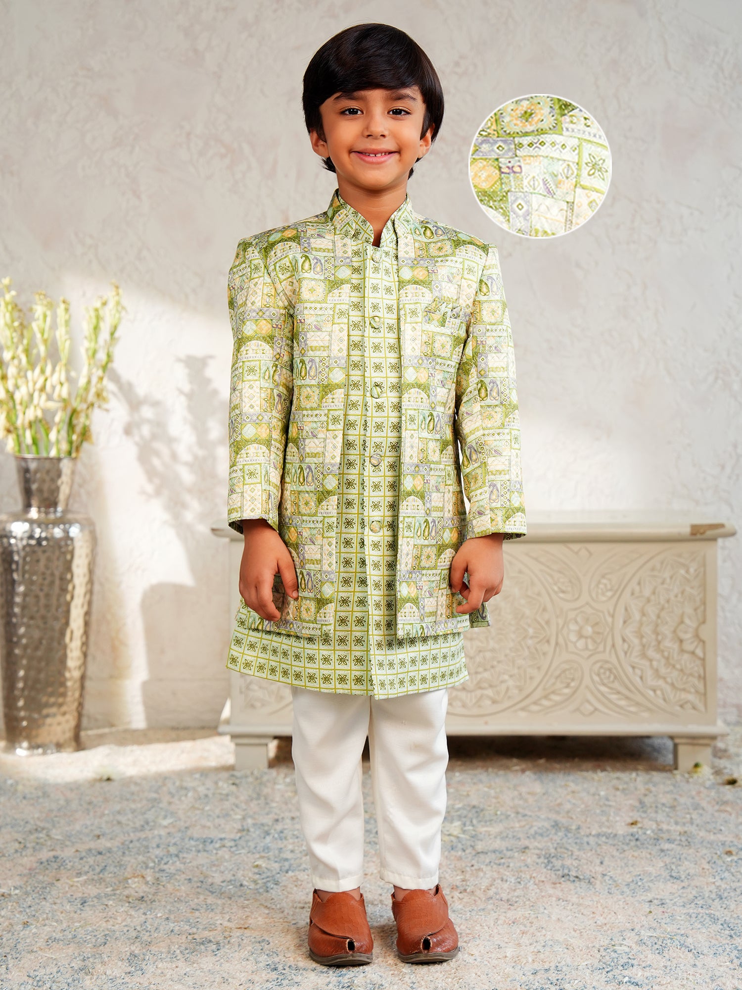 Green Jacquard Full Sleeves Rich Floral Embroidery Sherwani