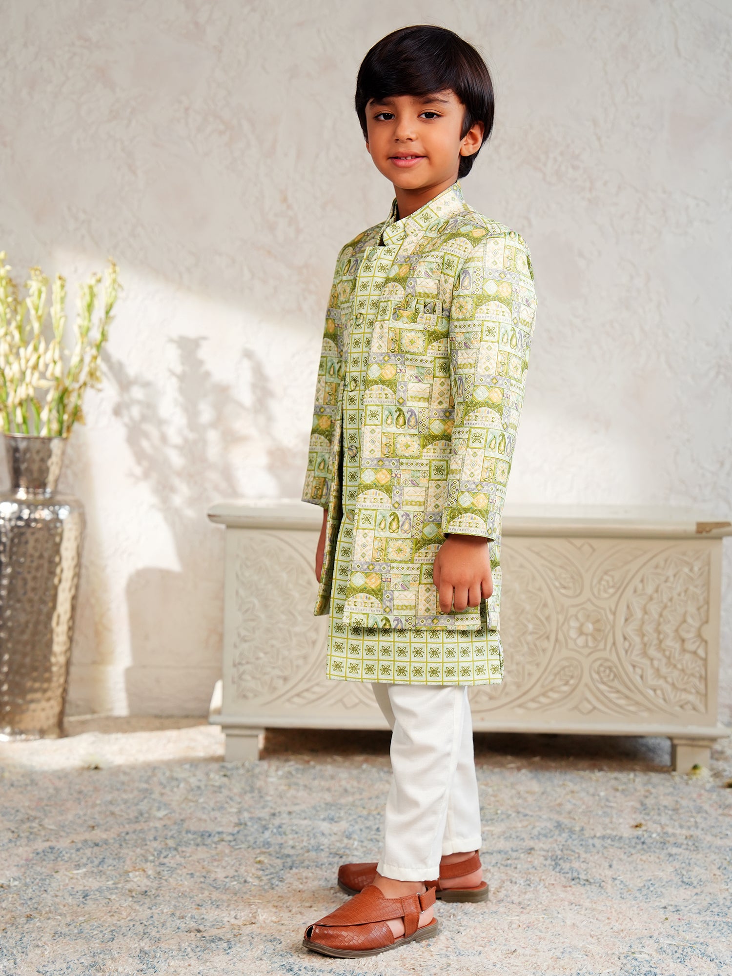 Green Jacquard Full Sleeves Rich Floral Embroidery Sherwani