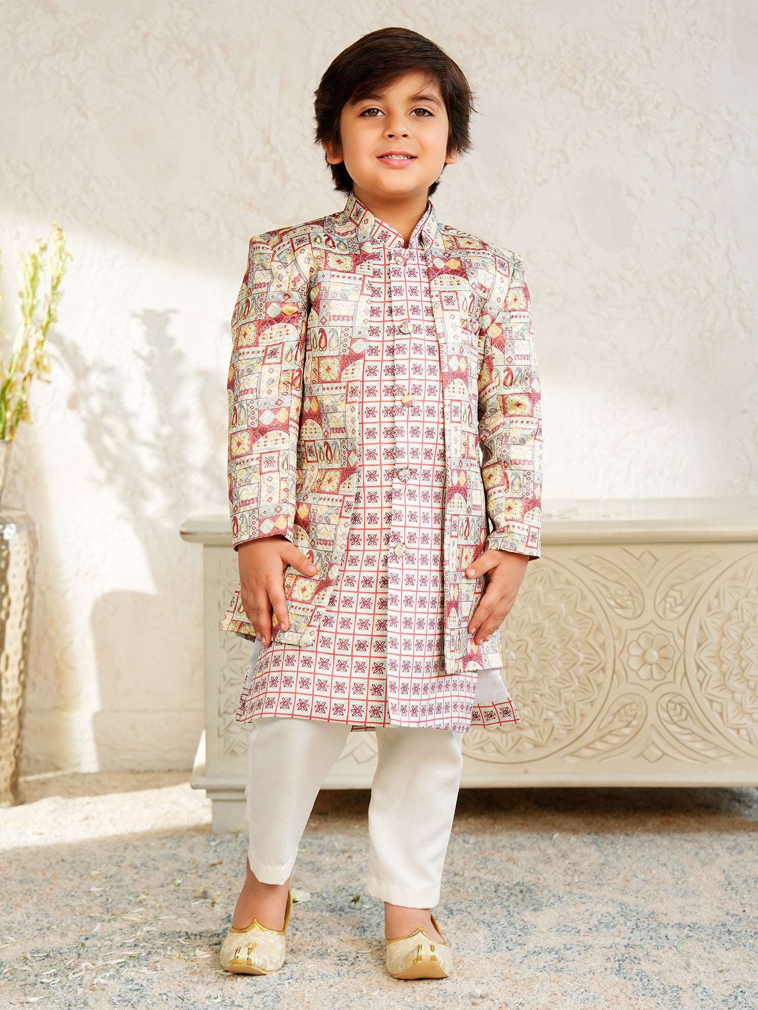 Red Jacquard Full Sleeves Rich Floral Embroidery Sherwani