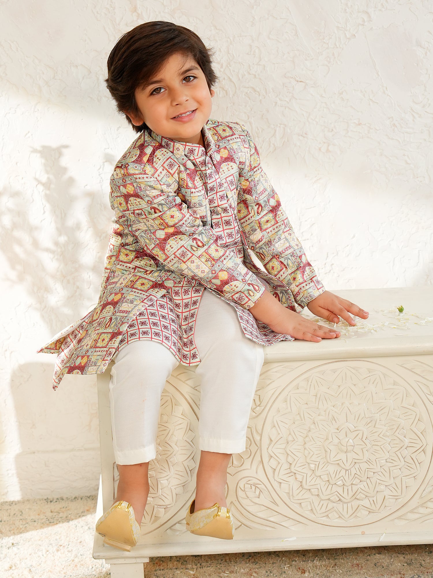 Red Jacquard Full Sleeves Rich Floral Embroidery Sherwani