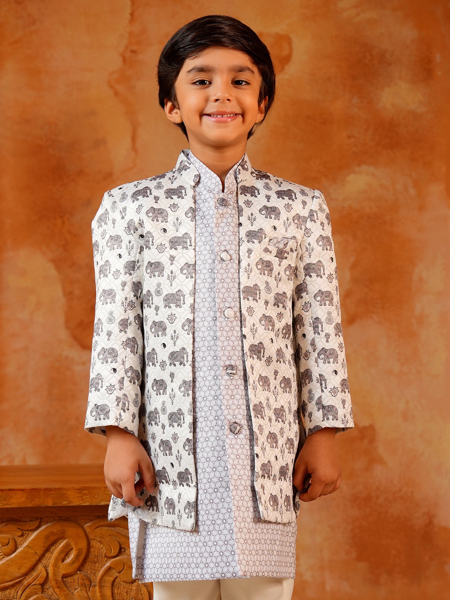 Grey Jacquard Full Sleeves Rich Elephant Embroidery Sherwani
