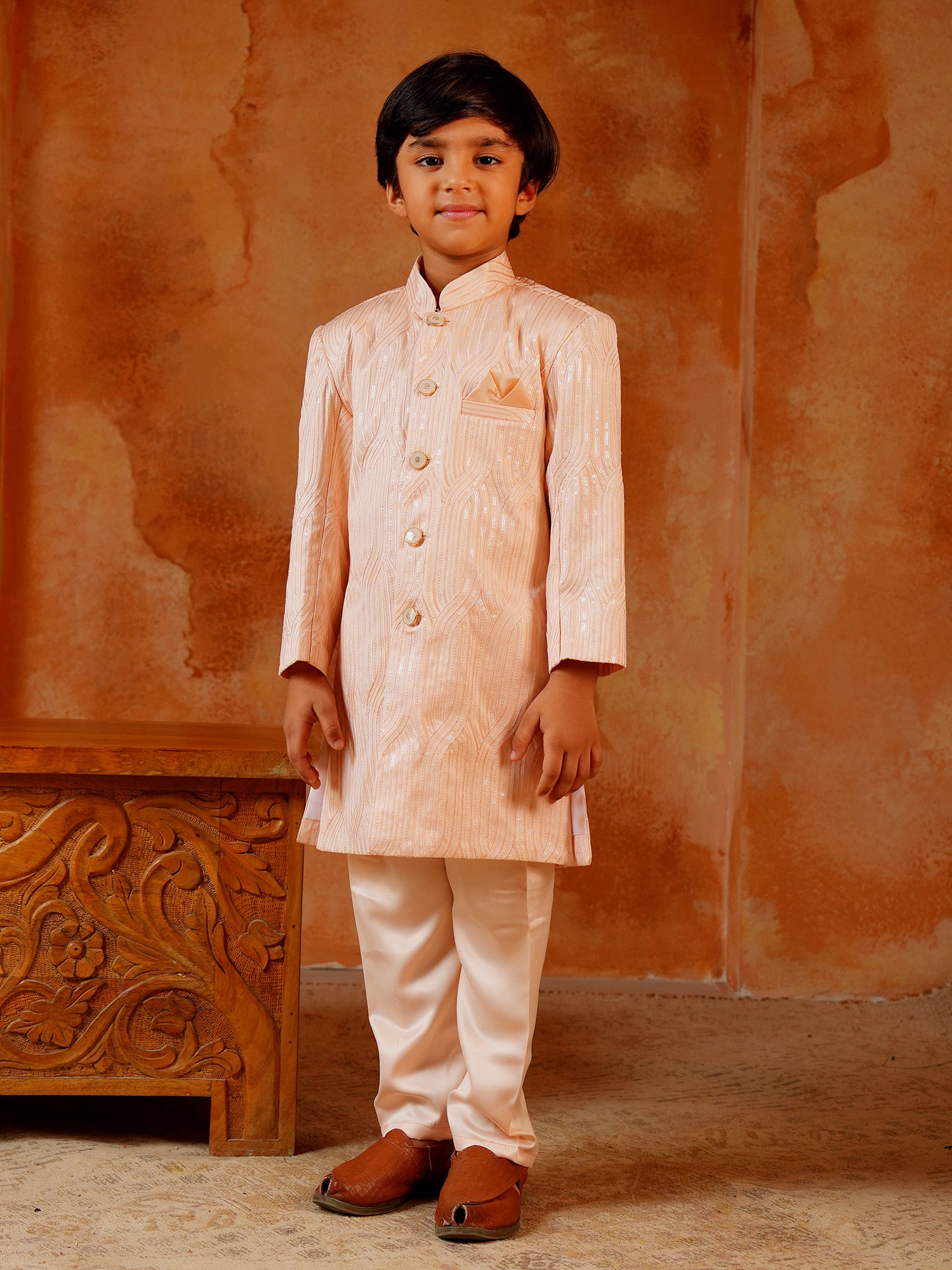 Peach Jacquard Full Sleeves Sequins and Embroidery Sherwani