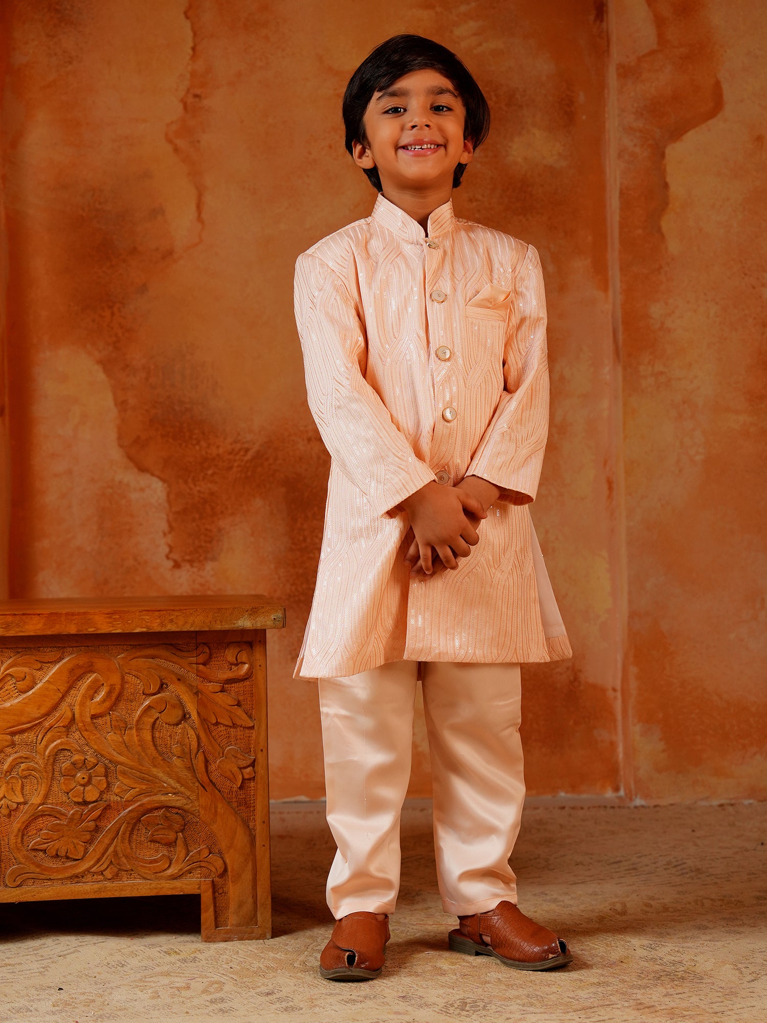 Peach Jacquard Full Sleeves Sequins and Embroidery Sherwani