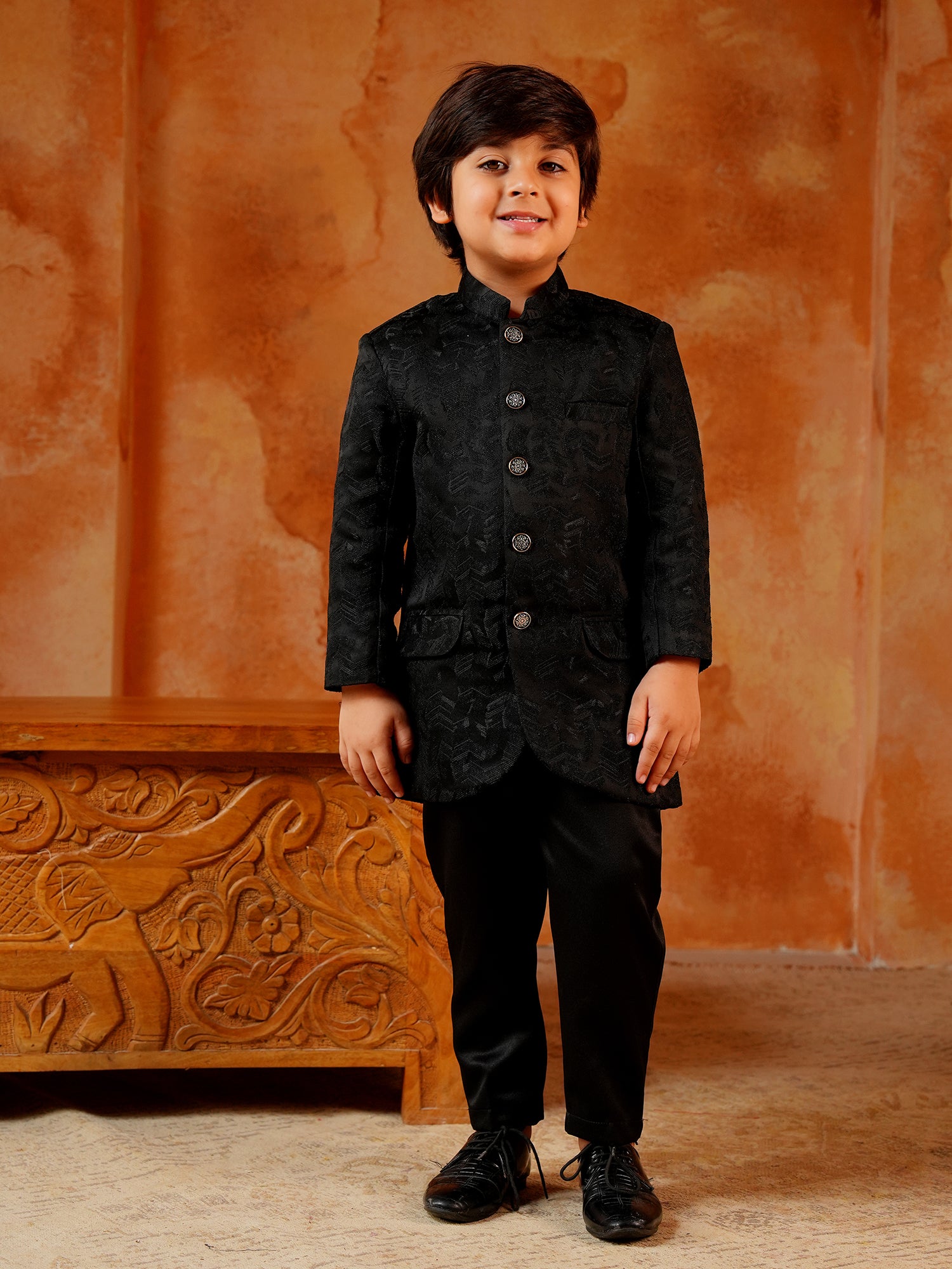 Black Jacquard Full Sleeves Sequins and Embroidery Sherwani