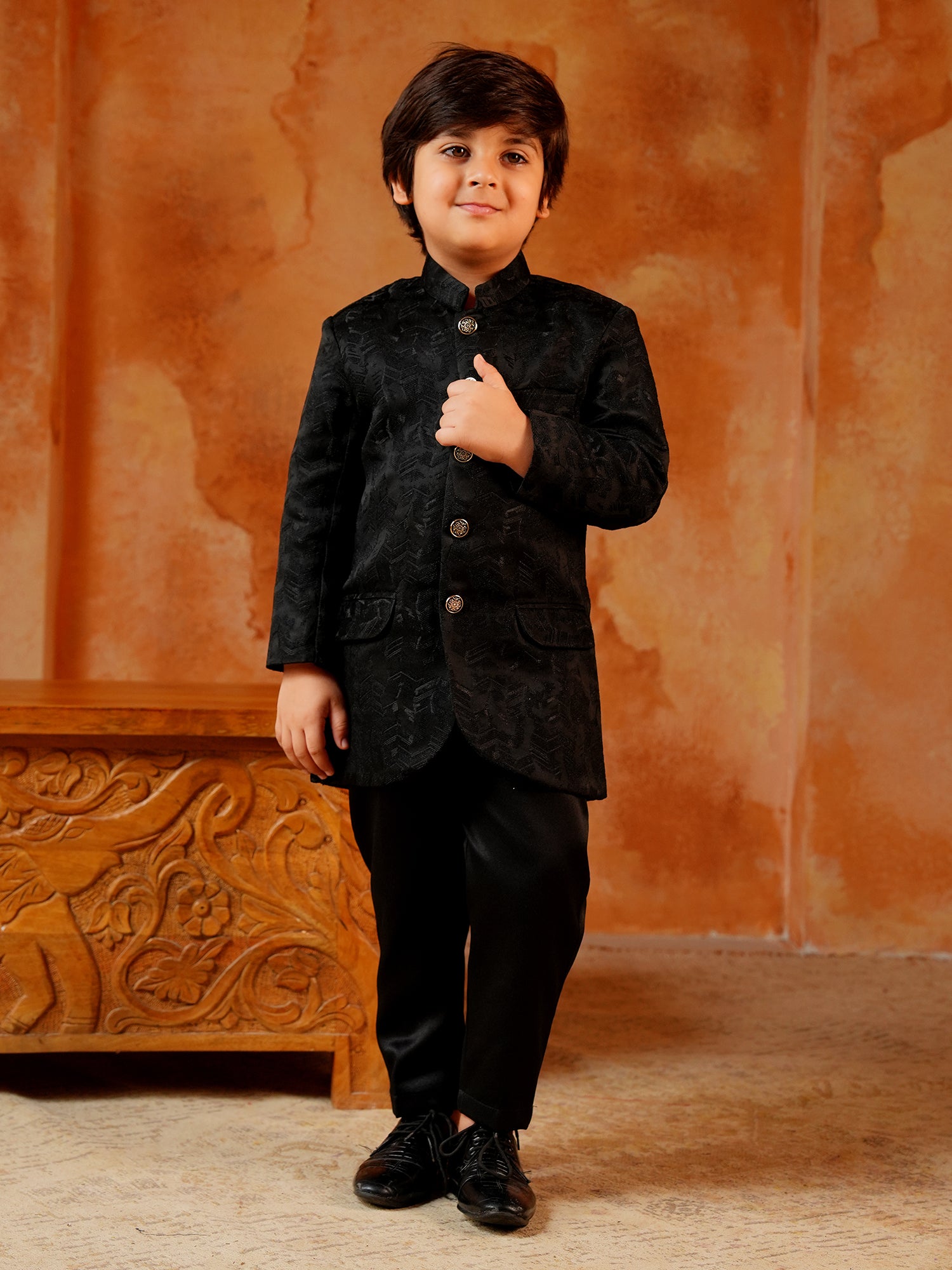 Black Jacquard Full Sleeves Sequins and Embroidery Sherwani