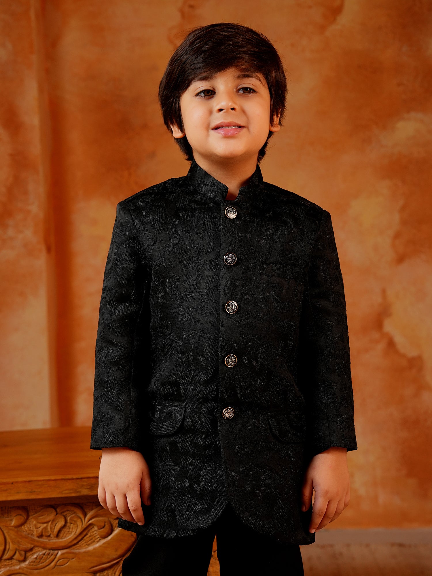 Black Jacquard Full Sleeves Sequins and Embroidery Sherwani