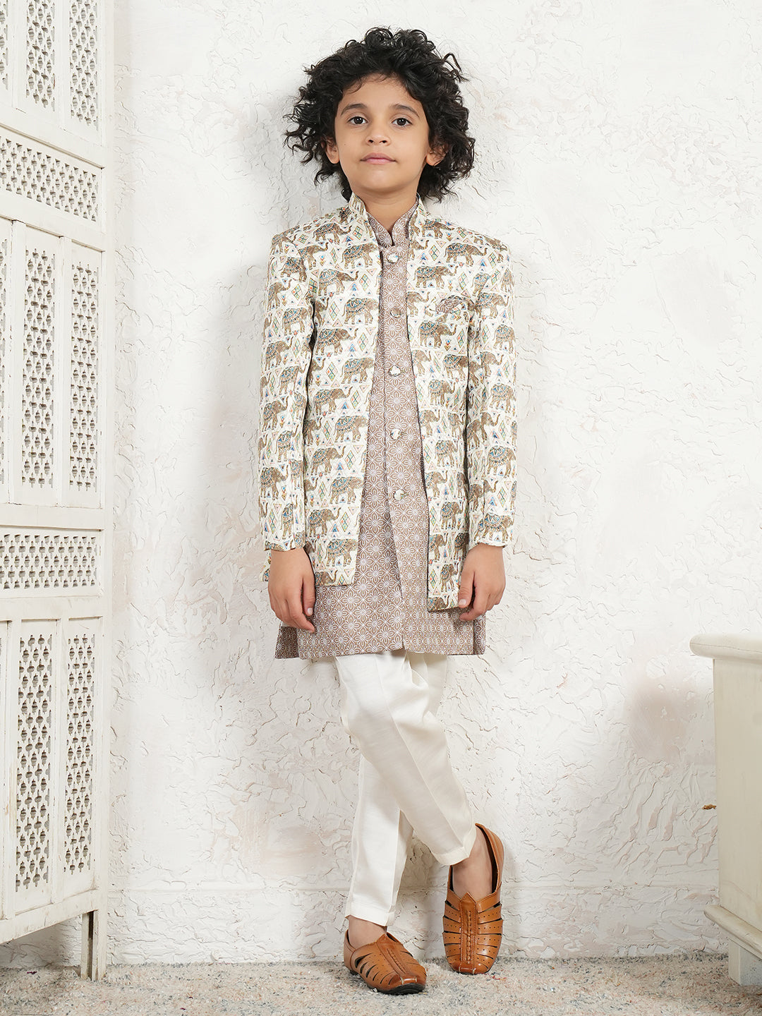 Brown Jacquard Full Sleeves Rich Elephant Embroidery Sherwani for boys