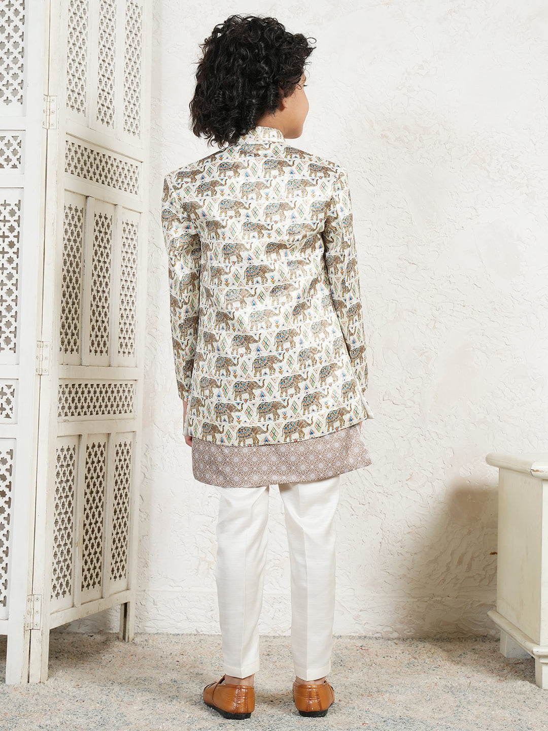 Brown Jacquard Full Sleeves Rich Elephant Embroidery Sherwani for boys