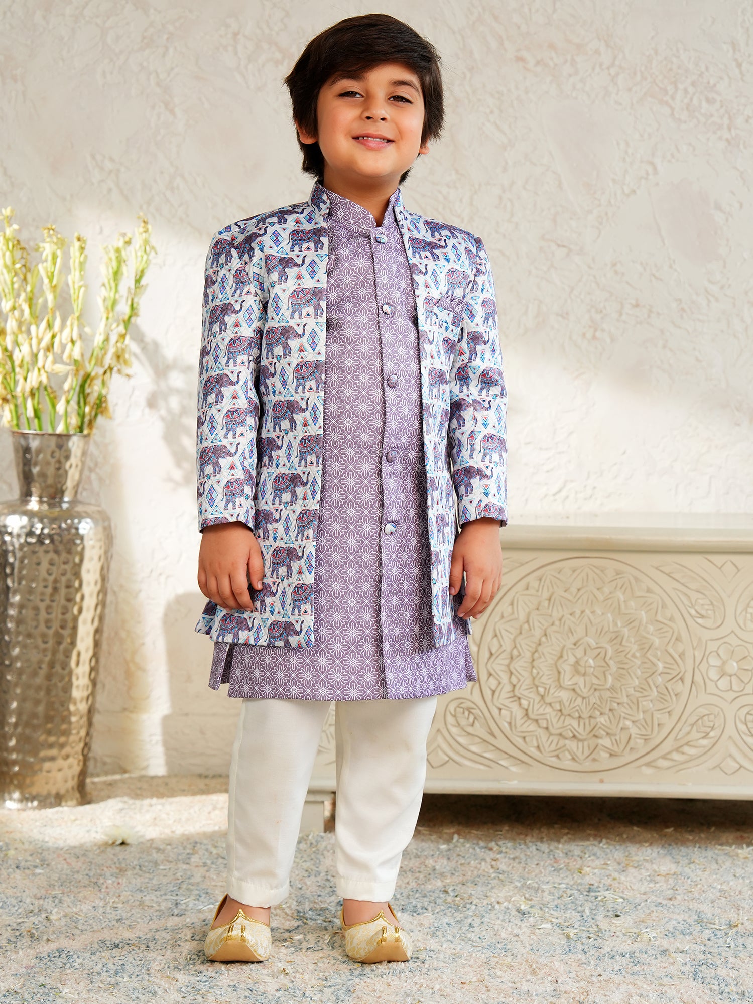Purple Jacquard Full Sleeves Rich Elephant Embroidery Sherwani