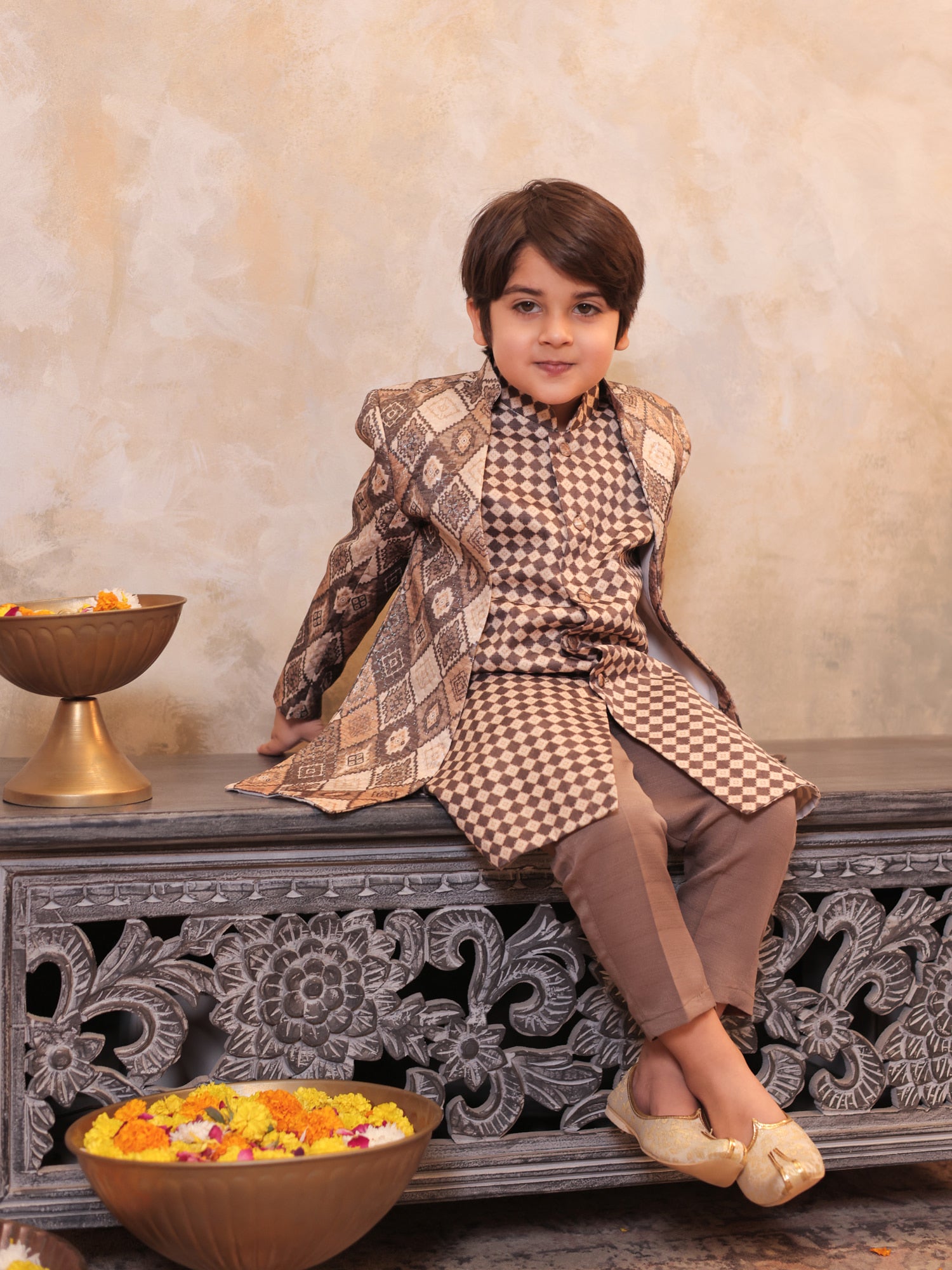 Boys Brown Jacquard Full Sleeves Rich Embroidery Sherwani