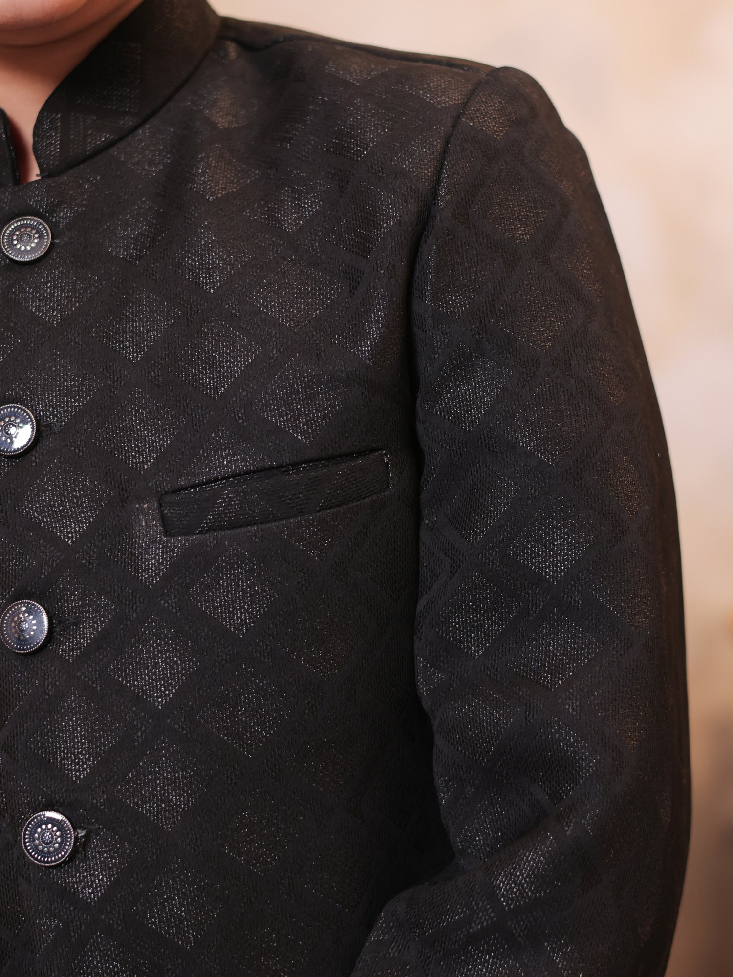 Boys Black Jacquard Full Sleeves Sequins and Embroidery Sherwani