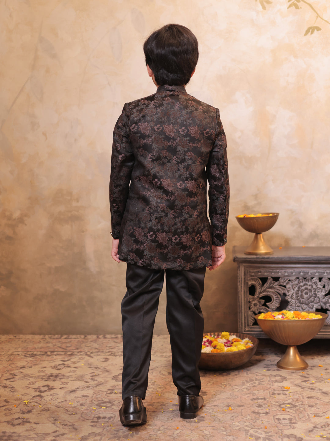Black Jacquard Full Sleeves Sequins and Embroidery Sherwani for boys