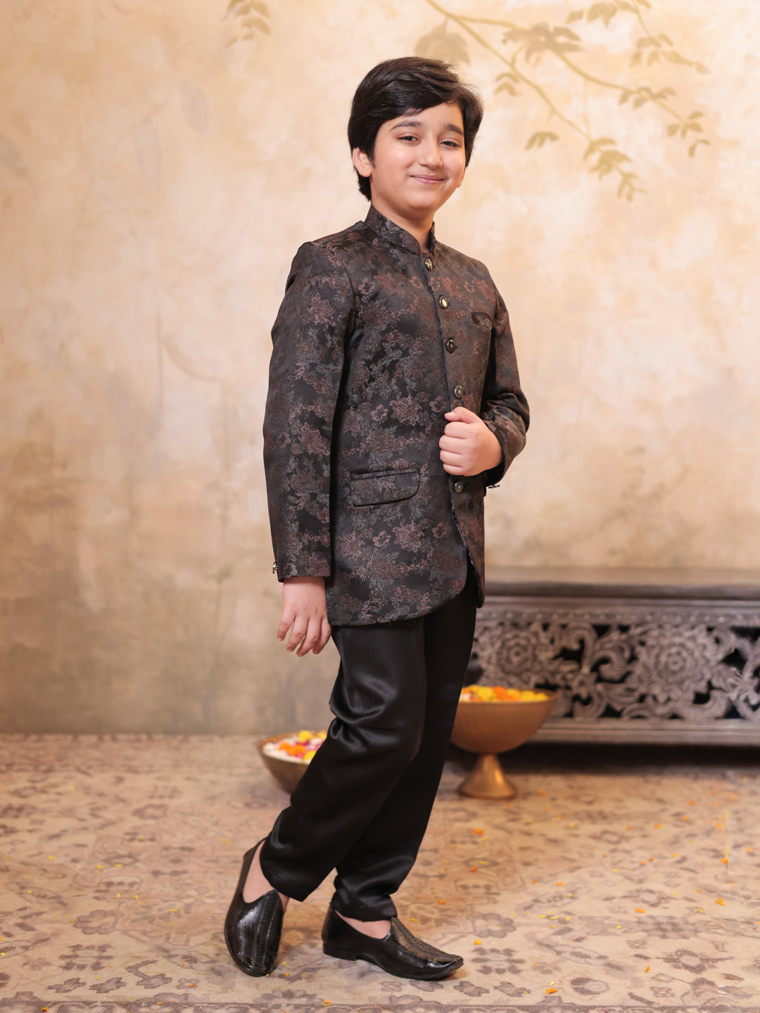 Black Jacquard Full Sleeves Sequins and Embroidery Sherwani for boys
