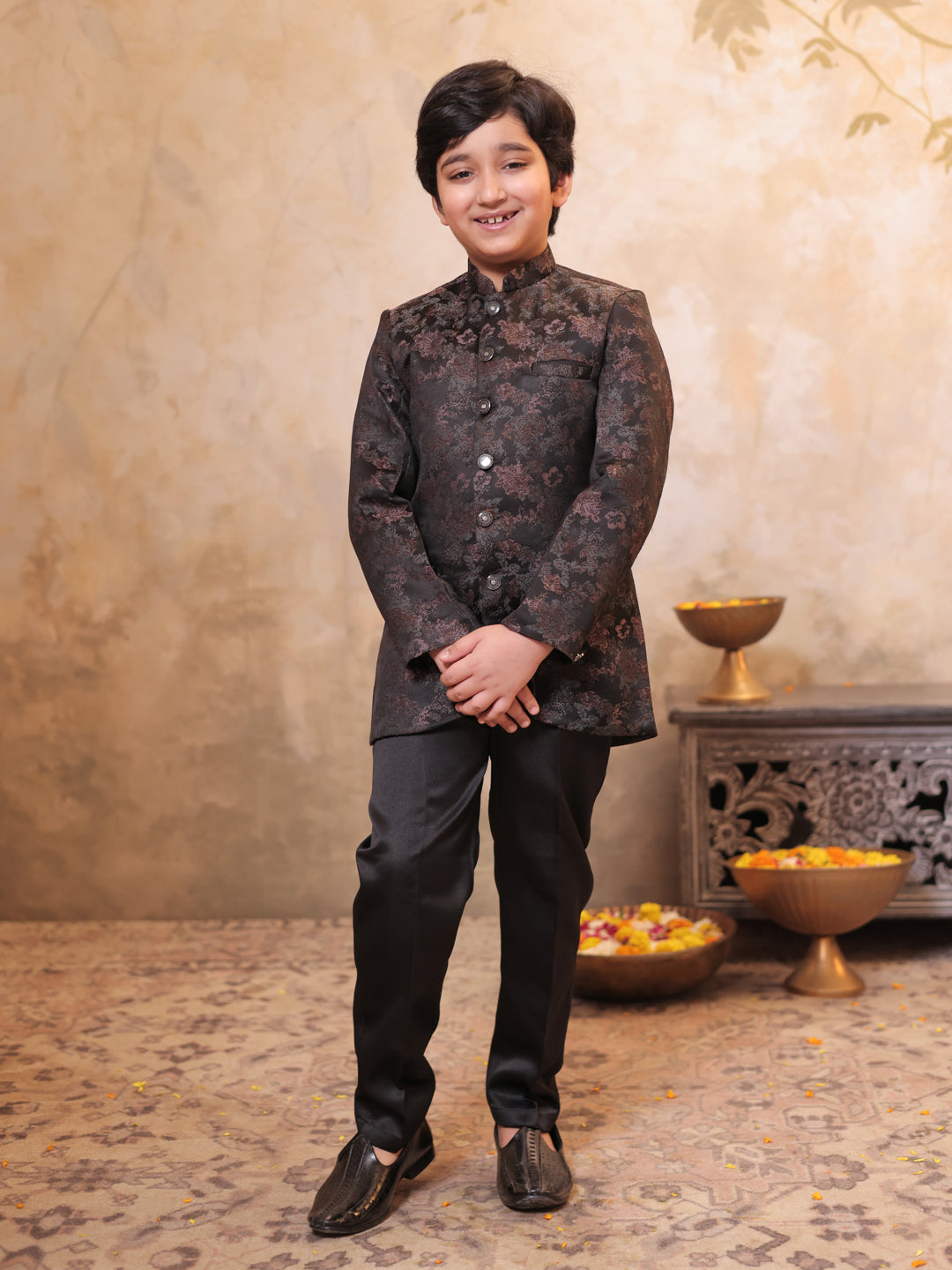 Black Jacquard Full Sleeves Sequins and Embroidery Sherwani for boys
