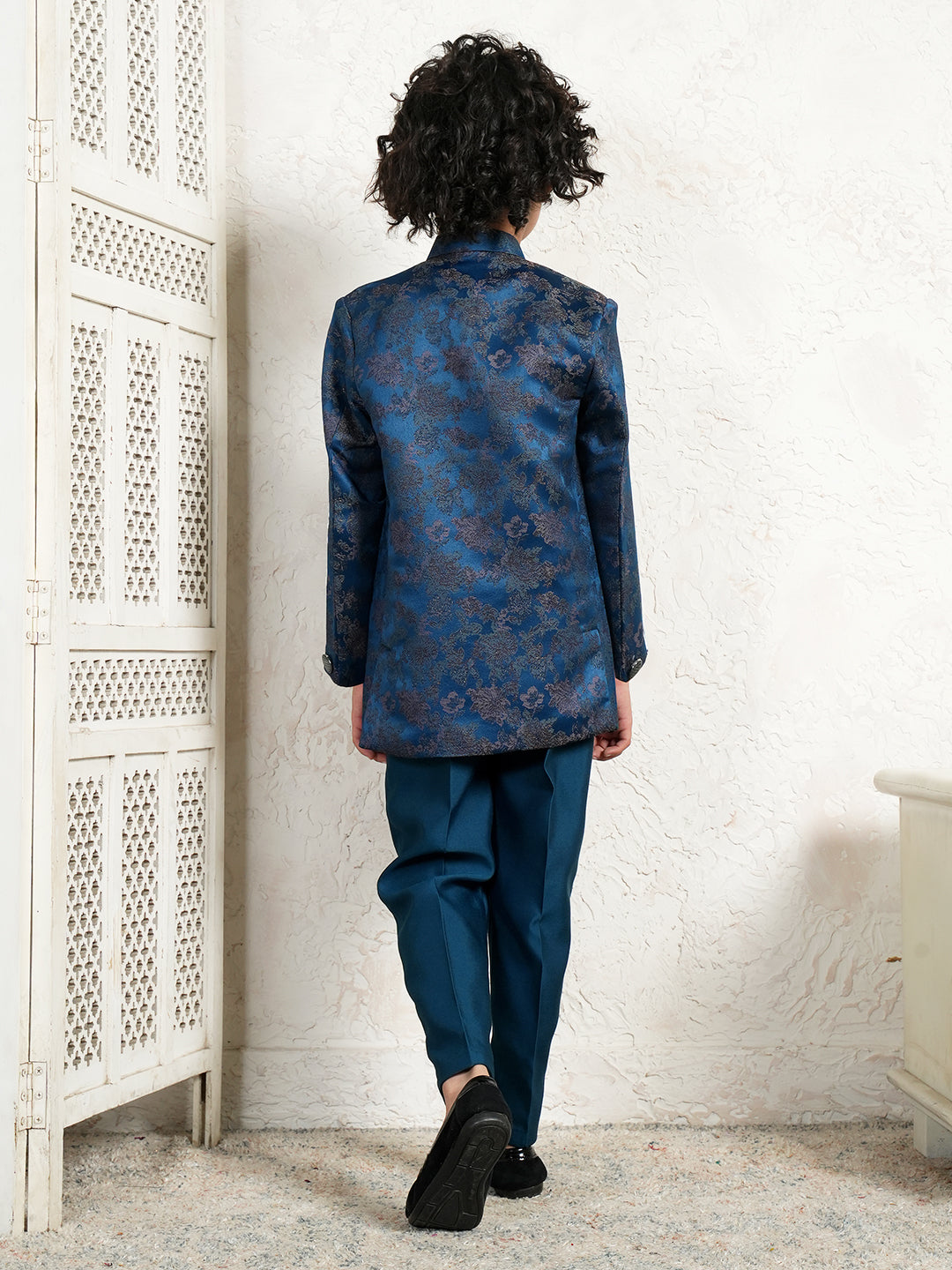 Blue Full Sleeves Jacquard Sherwani for Boys