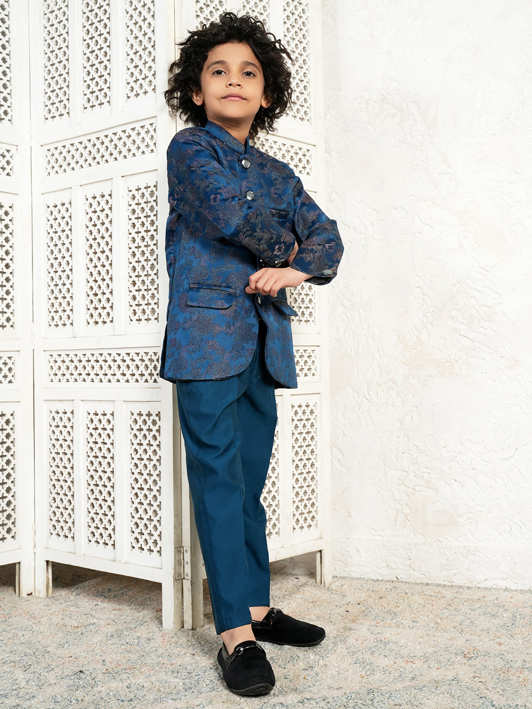 Blue Full Sleeves Jacquard Sherwani for Boys