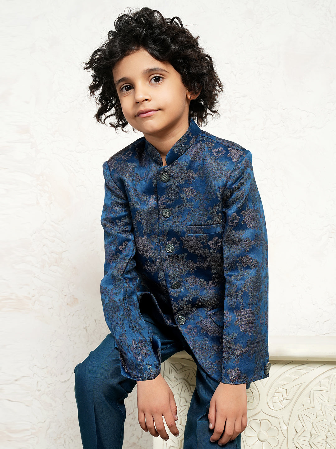Blue Full Sleeves Jacquard Sherwani for Boys