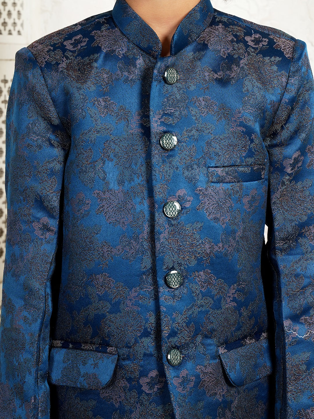 Blue Full Sleeves Jacquard Sherwani for Boys