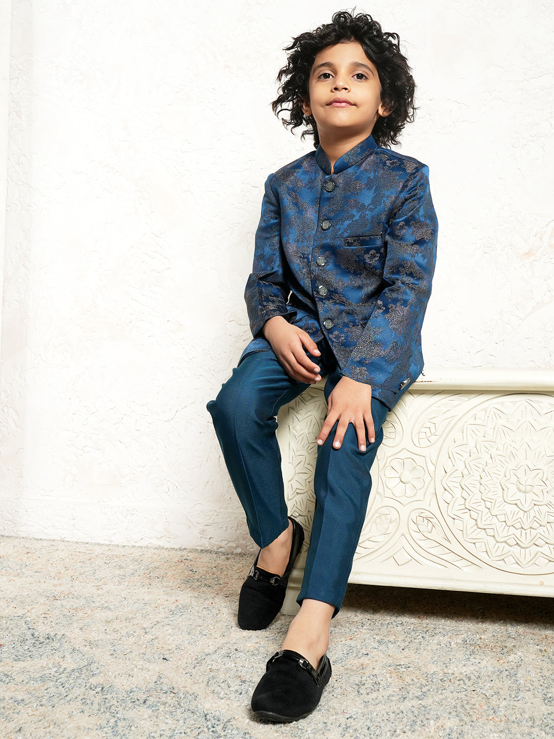 Blue Full Sleeves Jacquard Sherwani for Boys