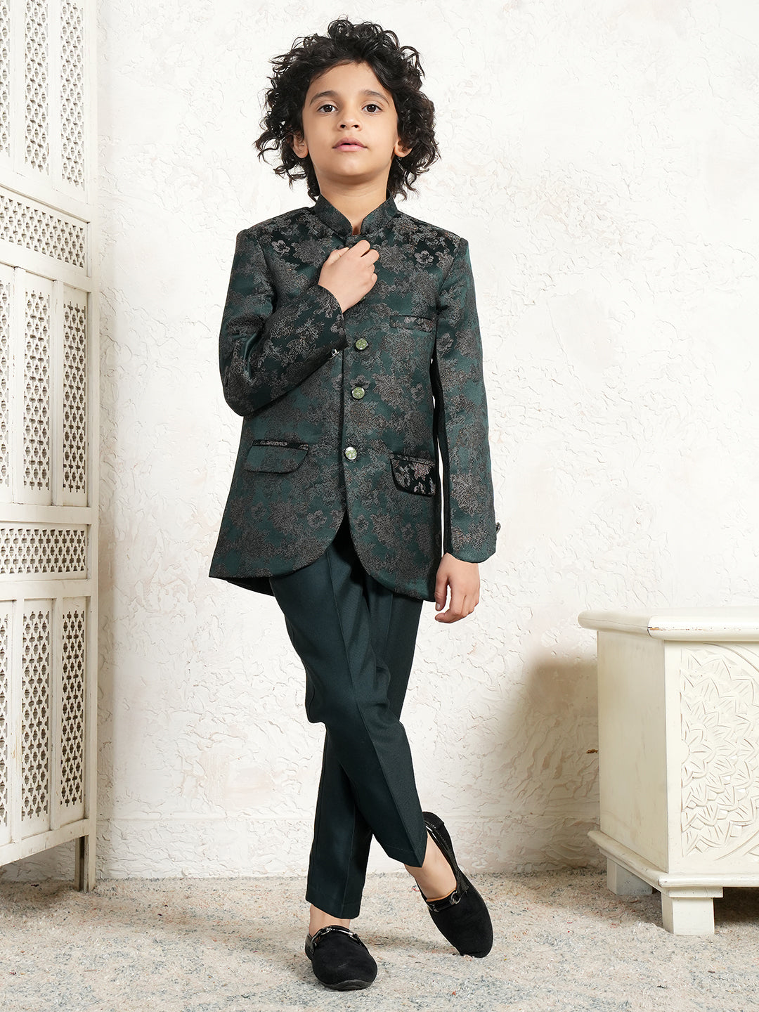 Green Jacquard Full Sleeves Sequins and Embroidery Sherwani for boys