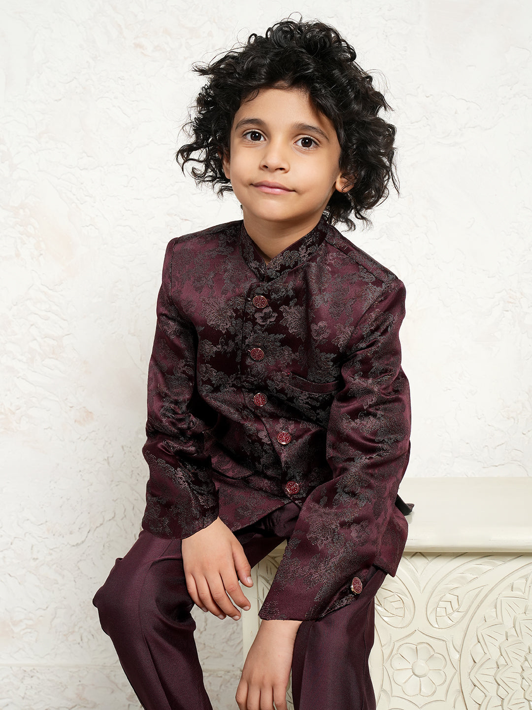 Maroon Embroidered Jacquard Sherwani for Boys