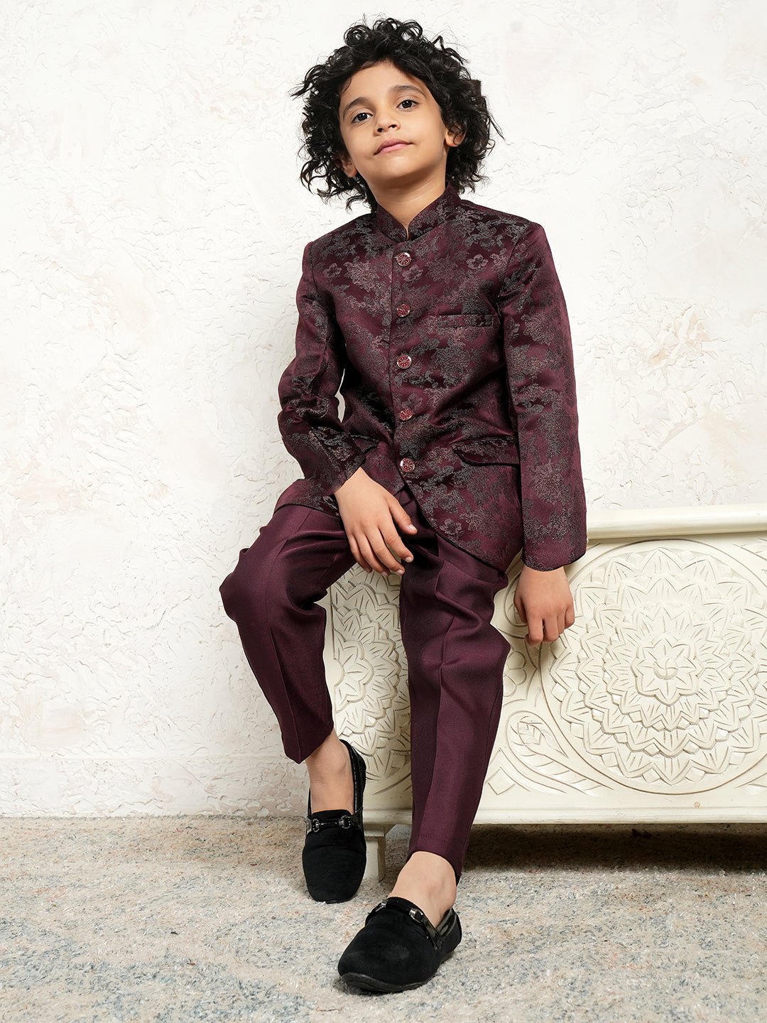 Maroon Embroidered Jacquard Sherwani for Boys