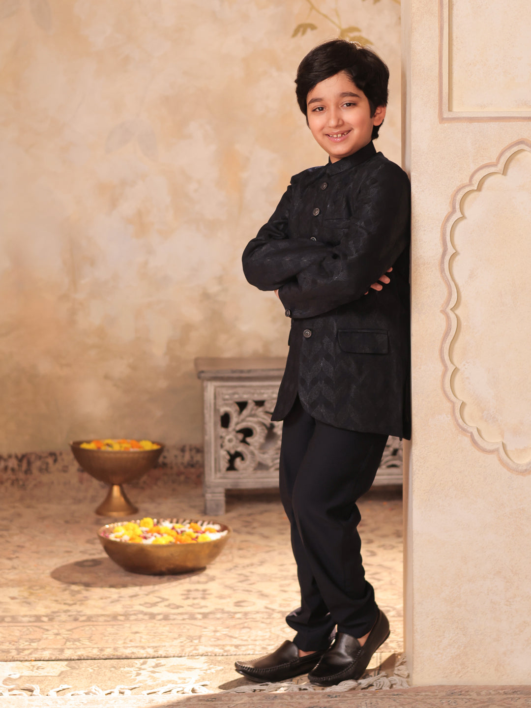 NAVY-BLUE Jacquard Full Sleeves Sequins and Embroidery Sherwani