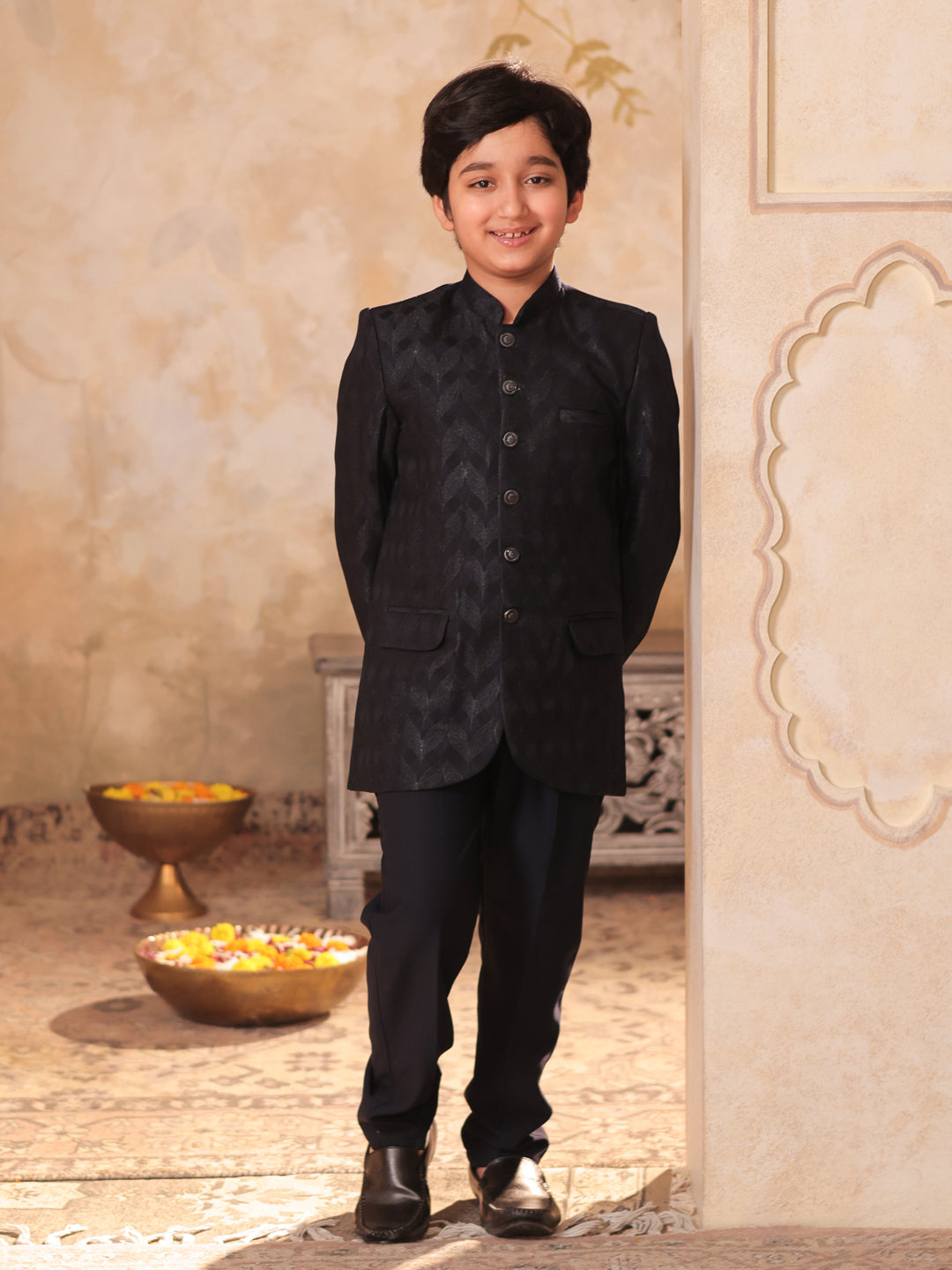 NAVY-BLUE Jacquard Full Sleeves Sequins and Embroidery Sherwani