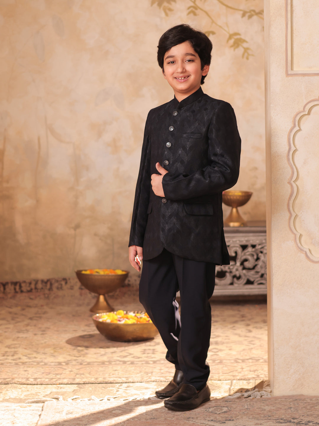 NAVY-BLUE Jacquard Full Sleeves Sequins and Embroidery Sherwani